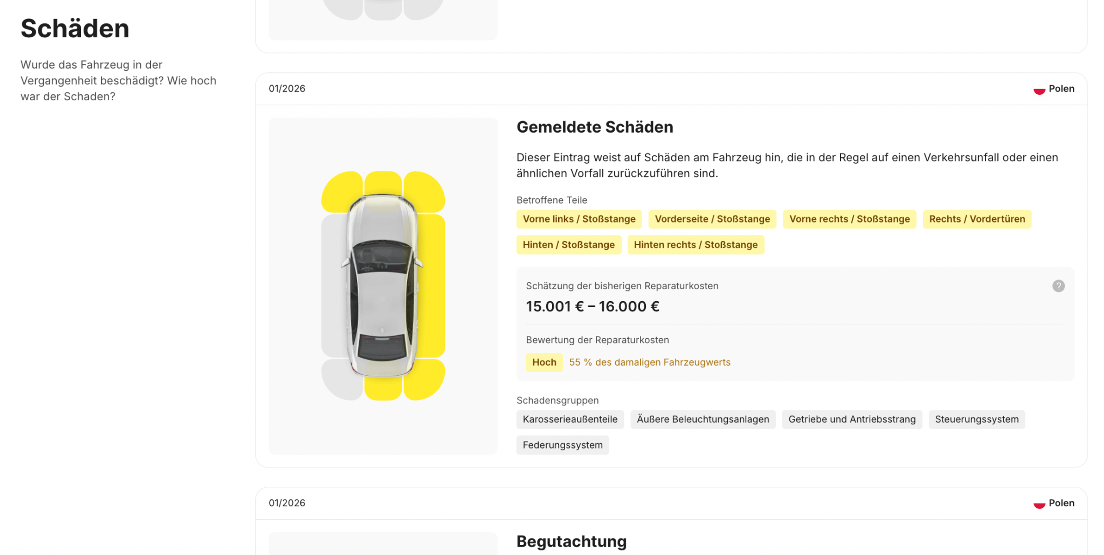 Der Abschnitt „Schäden“ in einem carVertical-Bericht zur Fahrzeughistorie
