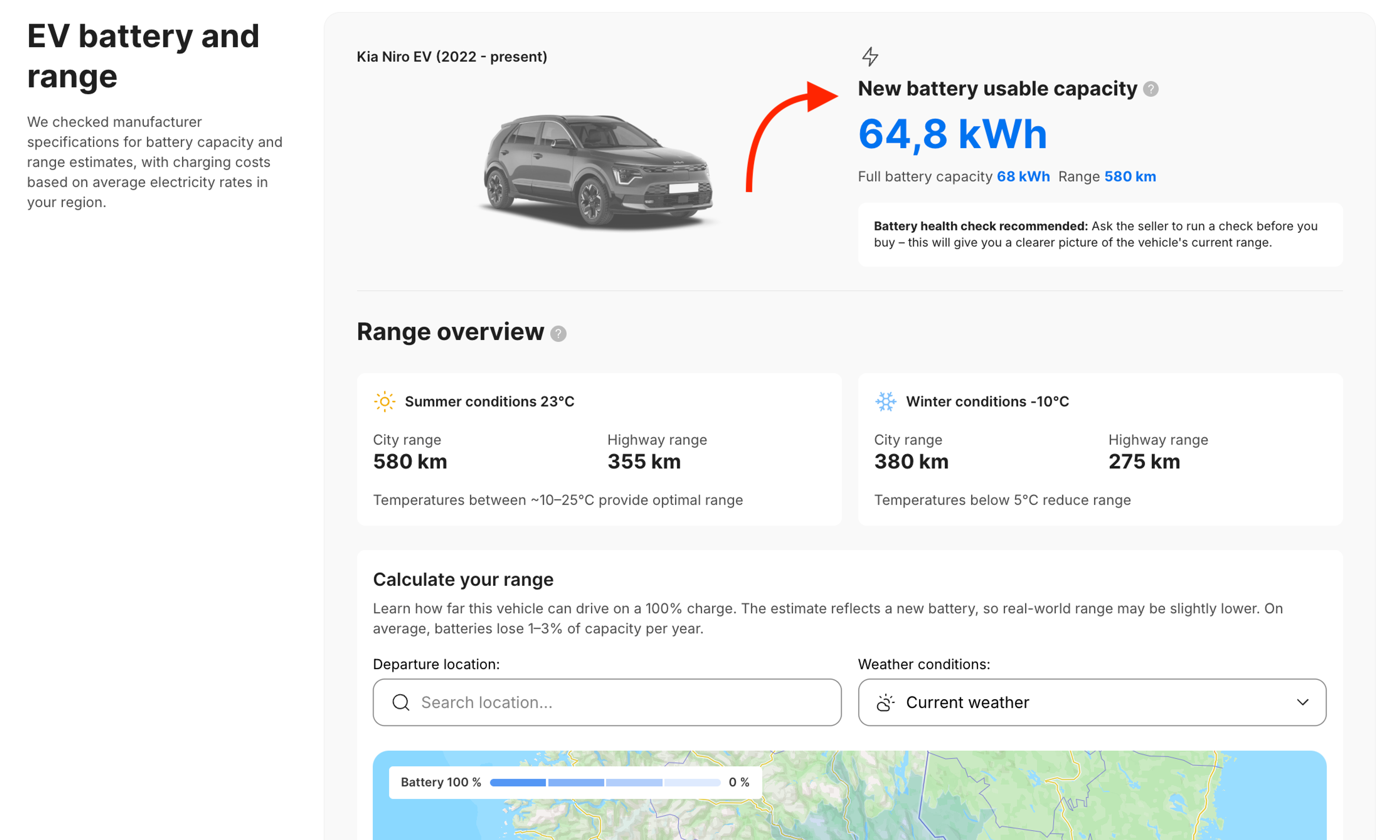 EV battery capacity and estimated driving range shown in the EV battery and range section of the report.