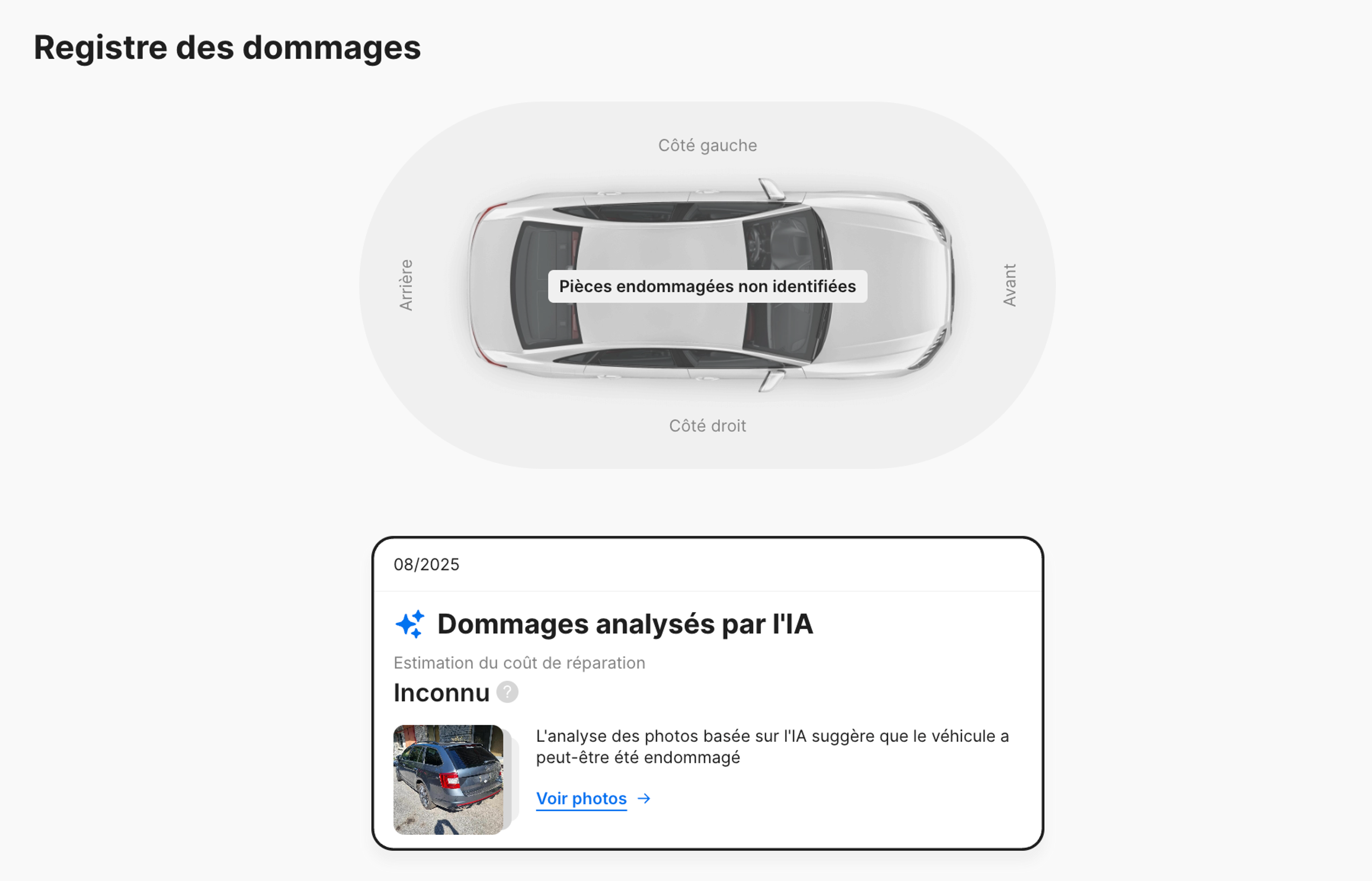 Section « Dommages » d'un rapport carVertical montrant un enregistrement généré par l'analyse de photos par IA.