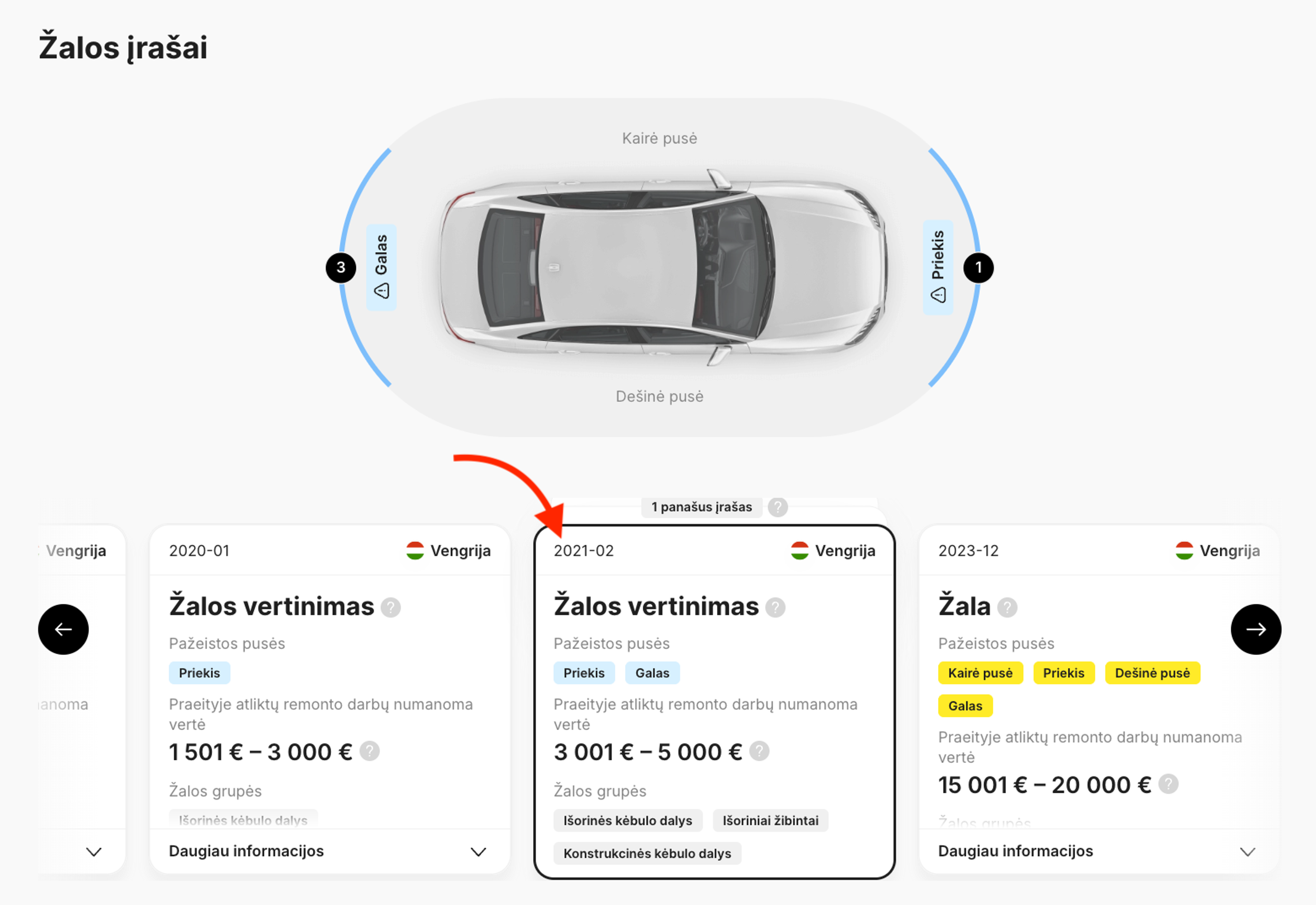 Žalos ir žalos vertinimo langai carVertical ataskaitoje