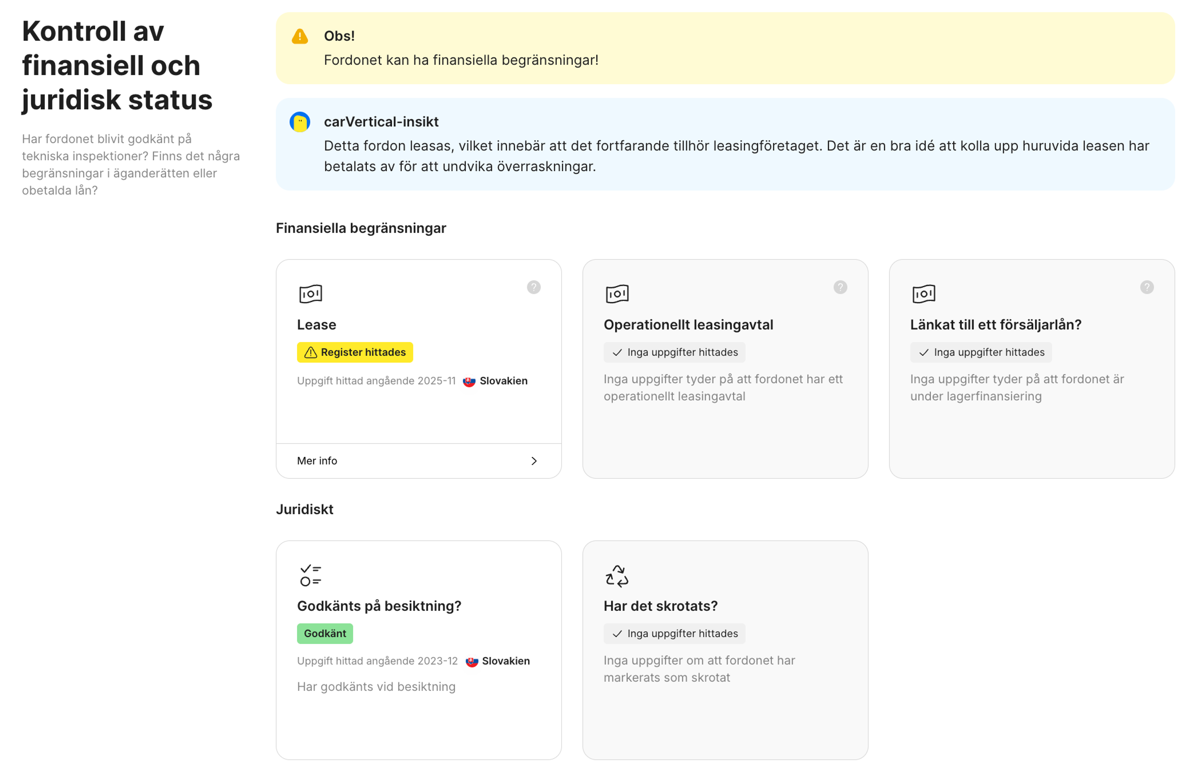 Funktion för finansiell och juridisk status i carVertical-rapporten