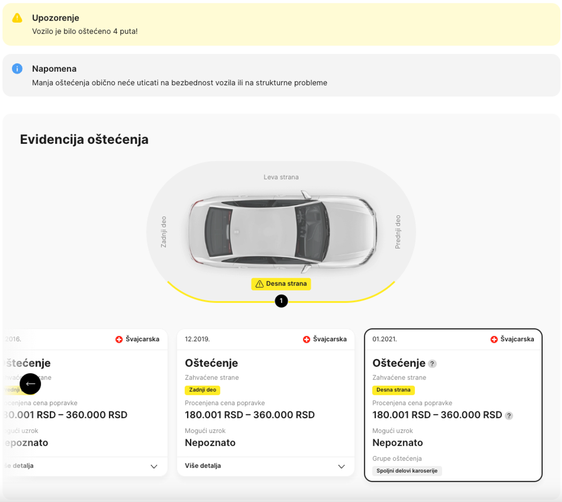Odsek o oštećenjima u izveštaju o istoriji vozila.
