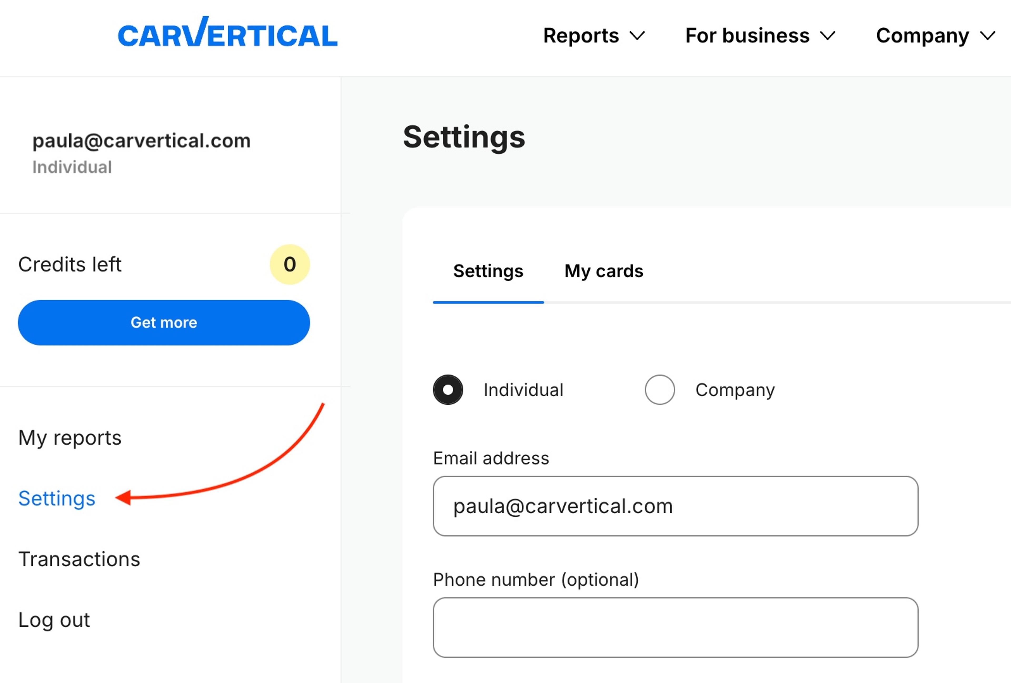 settings in carVertical account