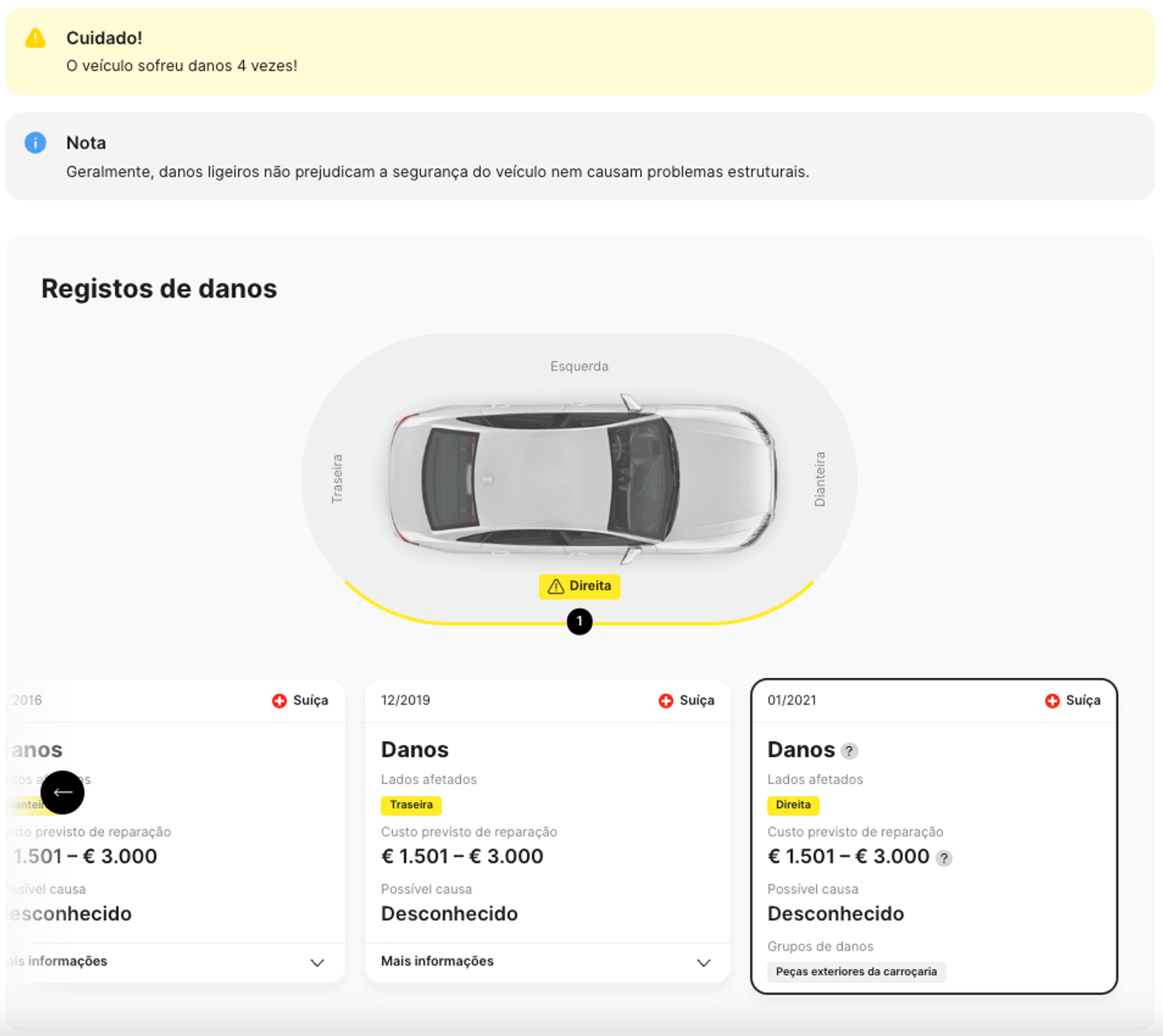 Secção de danos no carro num relatório histórico