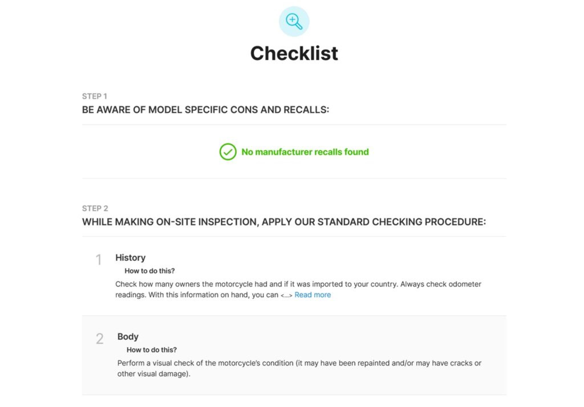 Checklist on how to make a self inspection for a used motorcycle carVertical report example