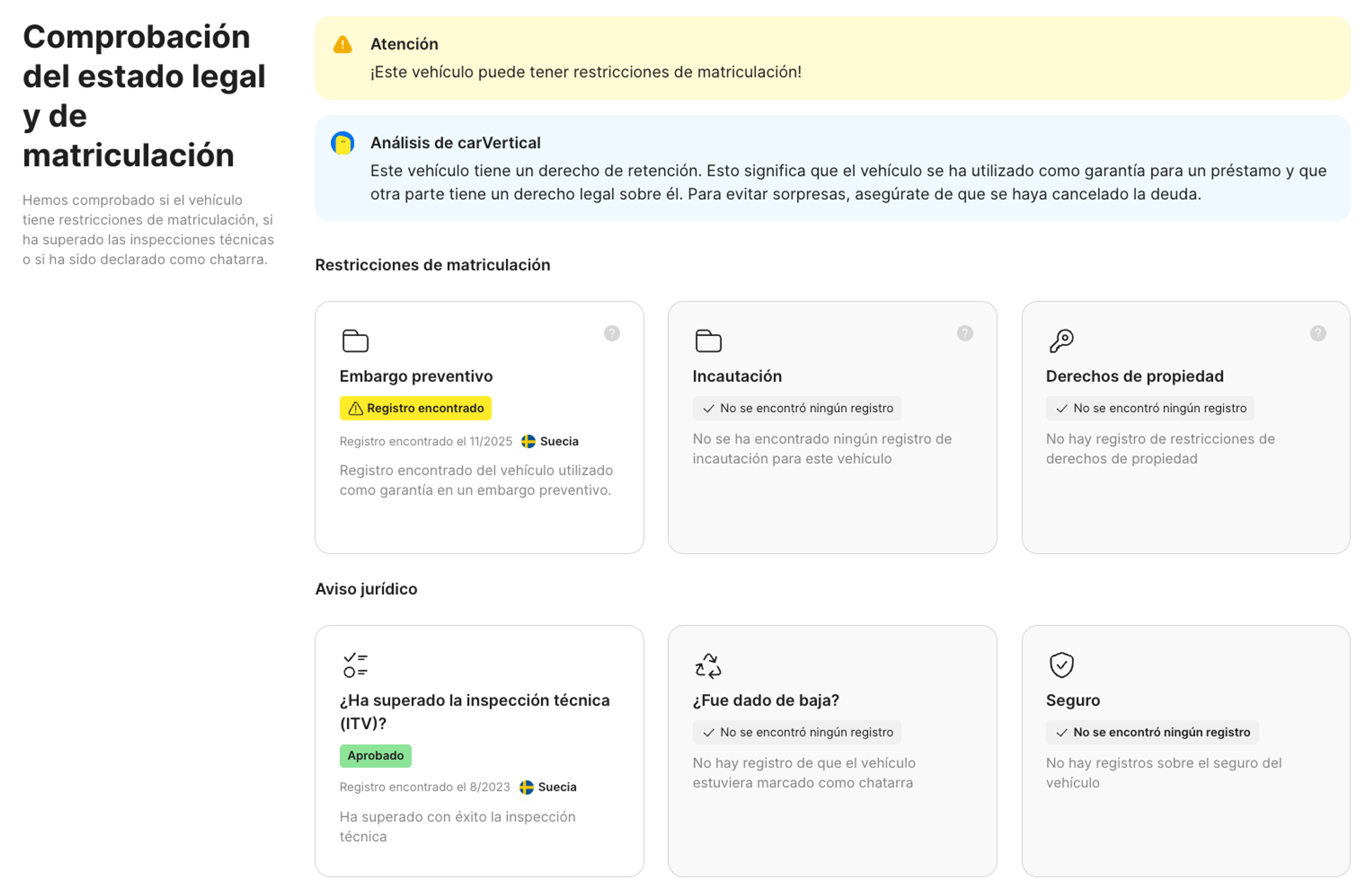Función de estado de registro y legal en el informe de carVertical