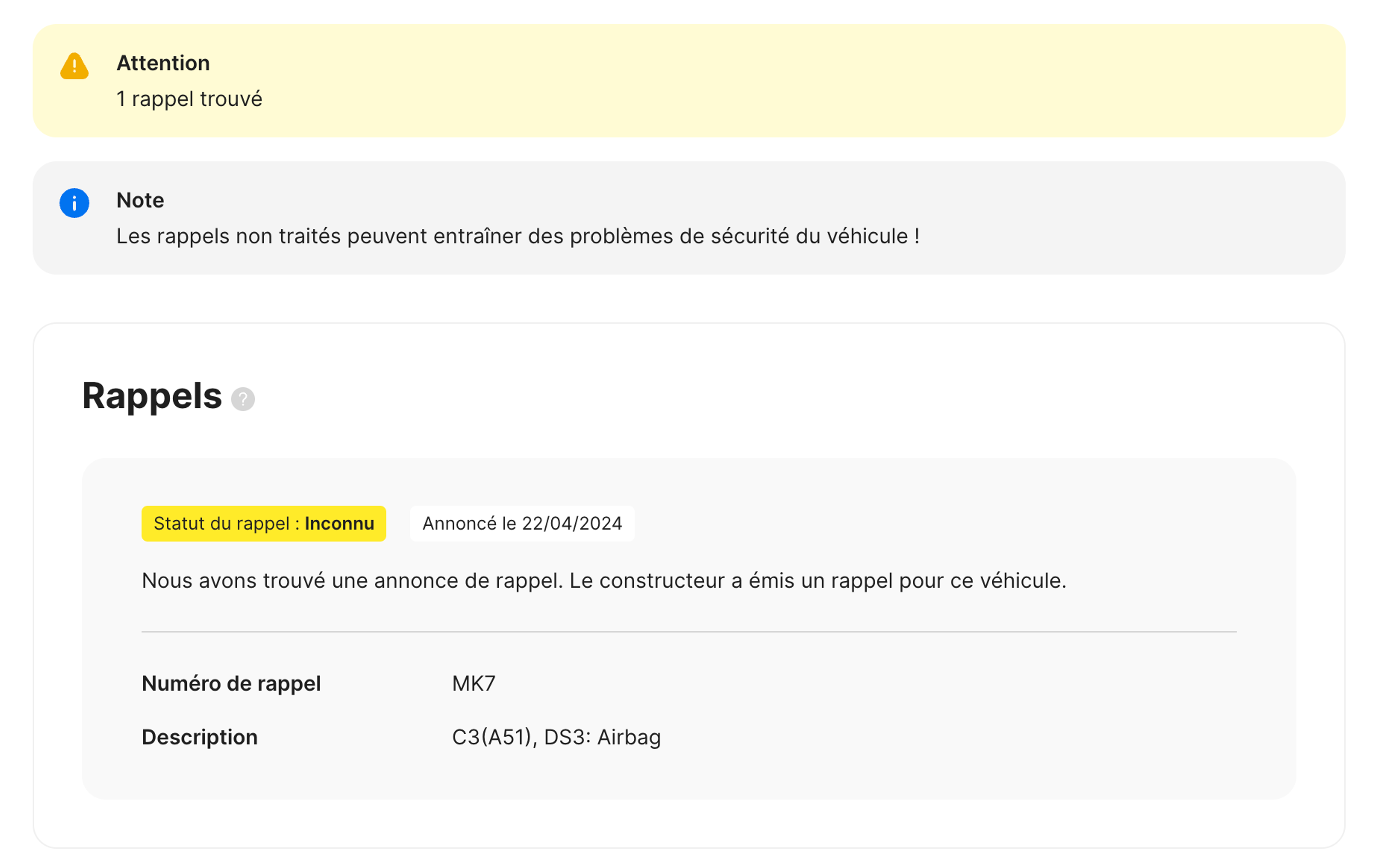 Rappel dans le rapport carVertical