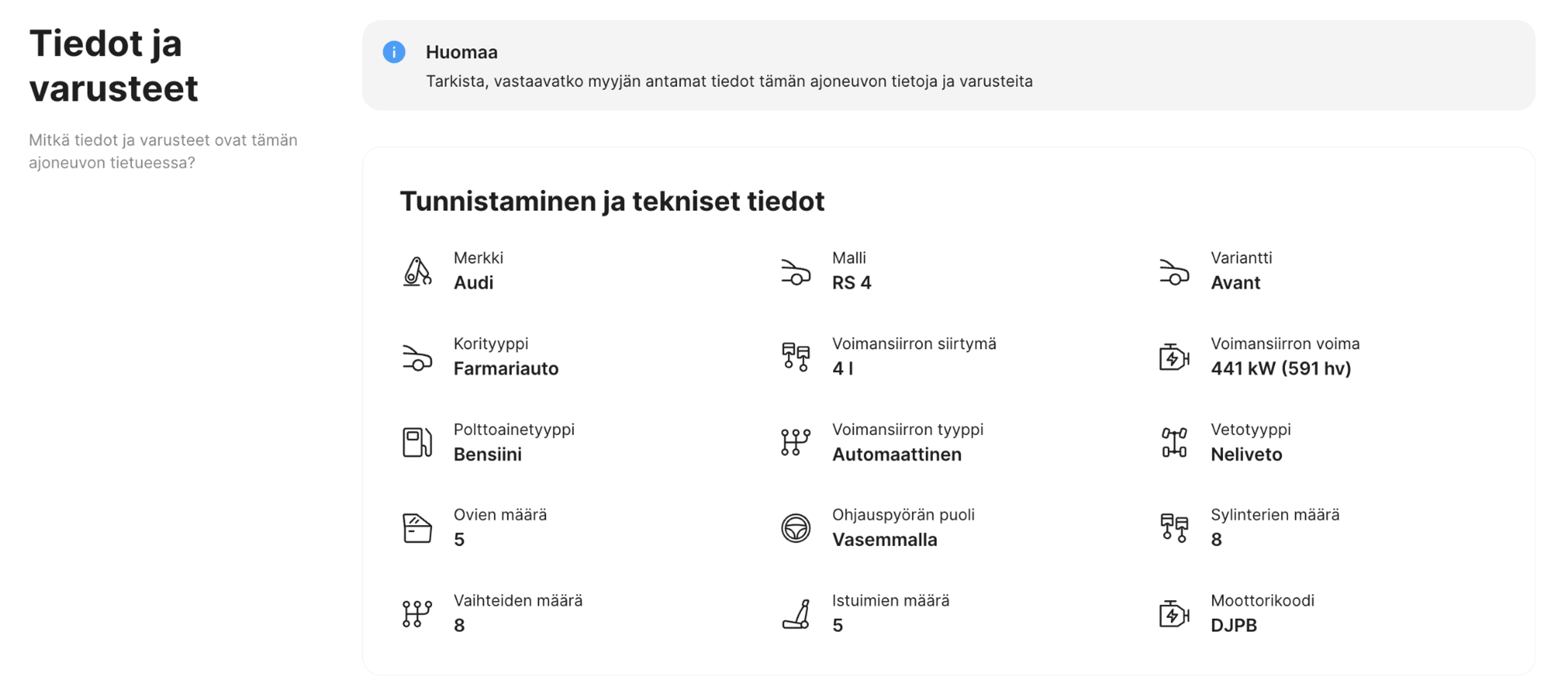Tekniset tiedot ja varusteet -osio carVertical-raportissa