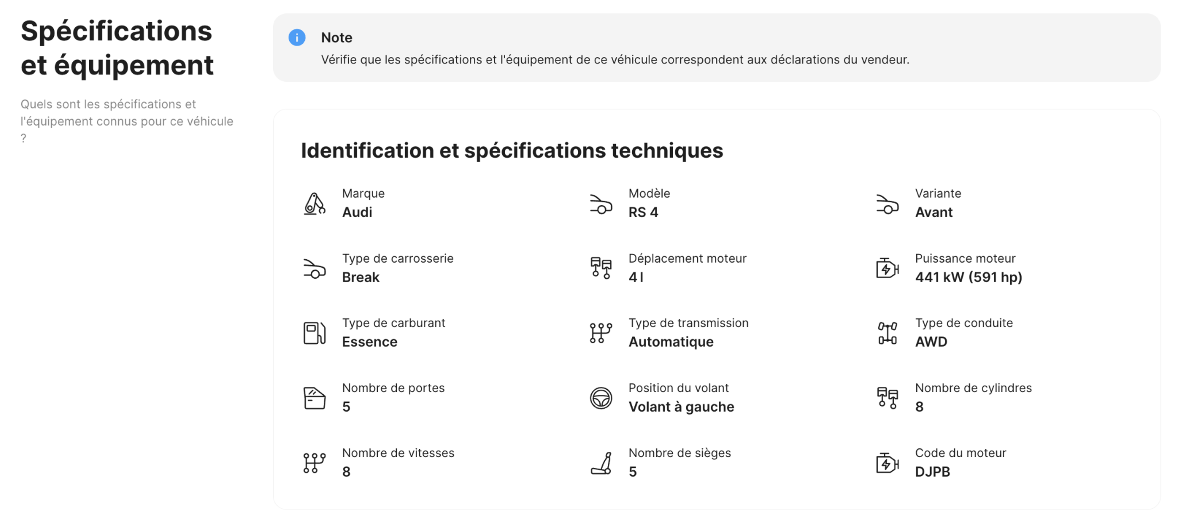 Section Spécifications et équipements dans le rapport carVertical