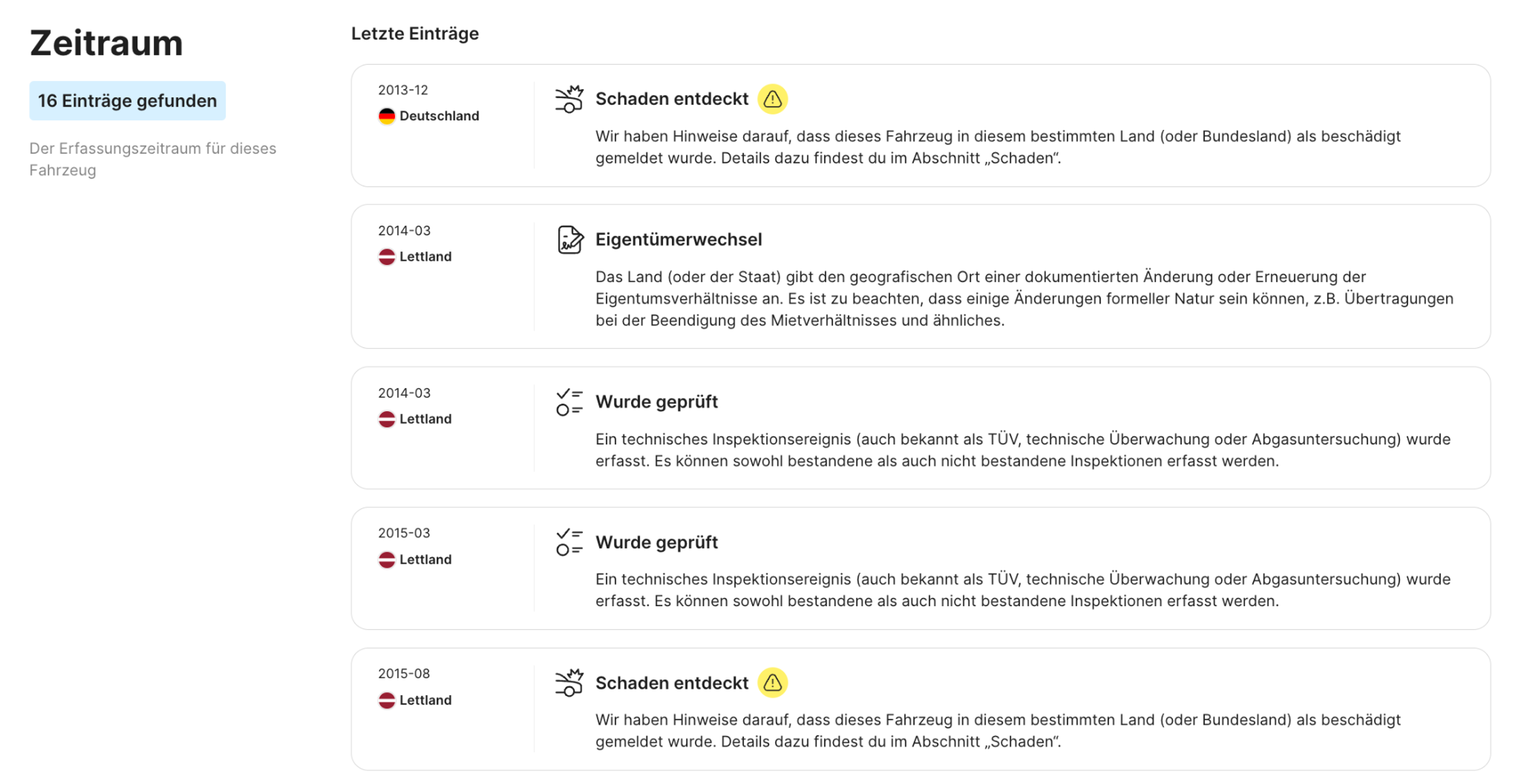 Zeitleistenabschnitt im carVertical-Bericht