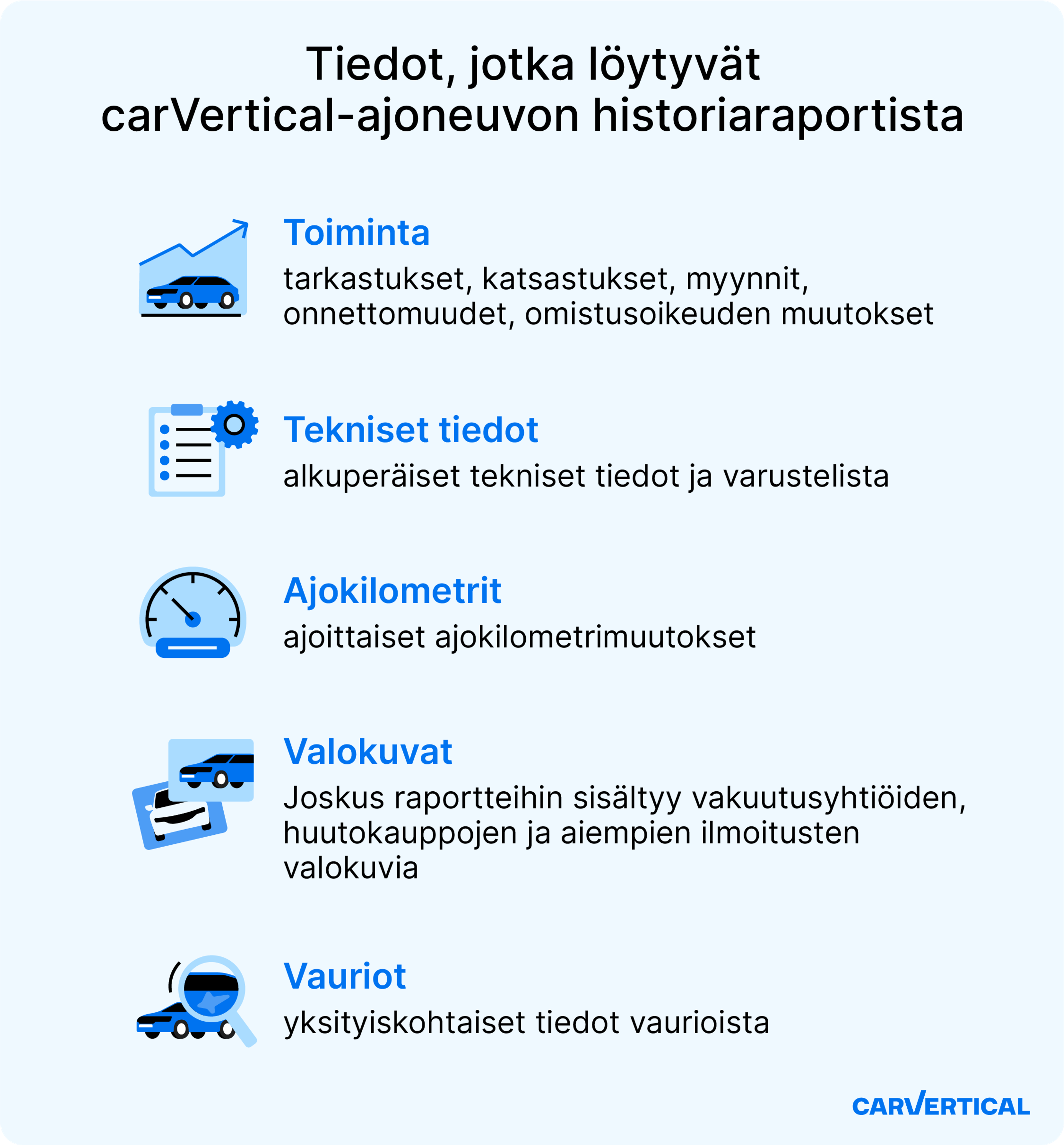Tiedot, jotka löytyvät carVertical-ajoneuvon historiaraportista