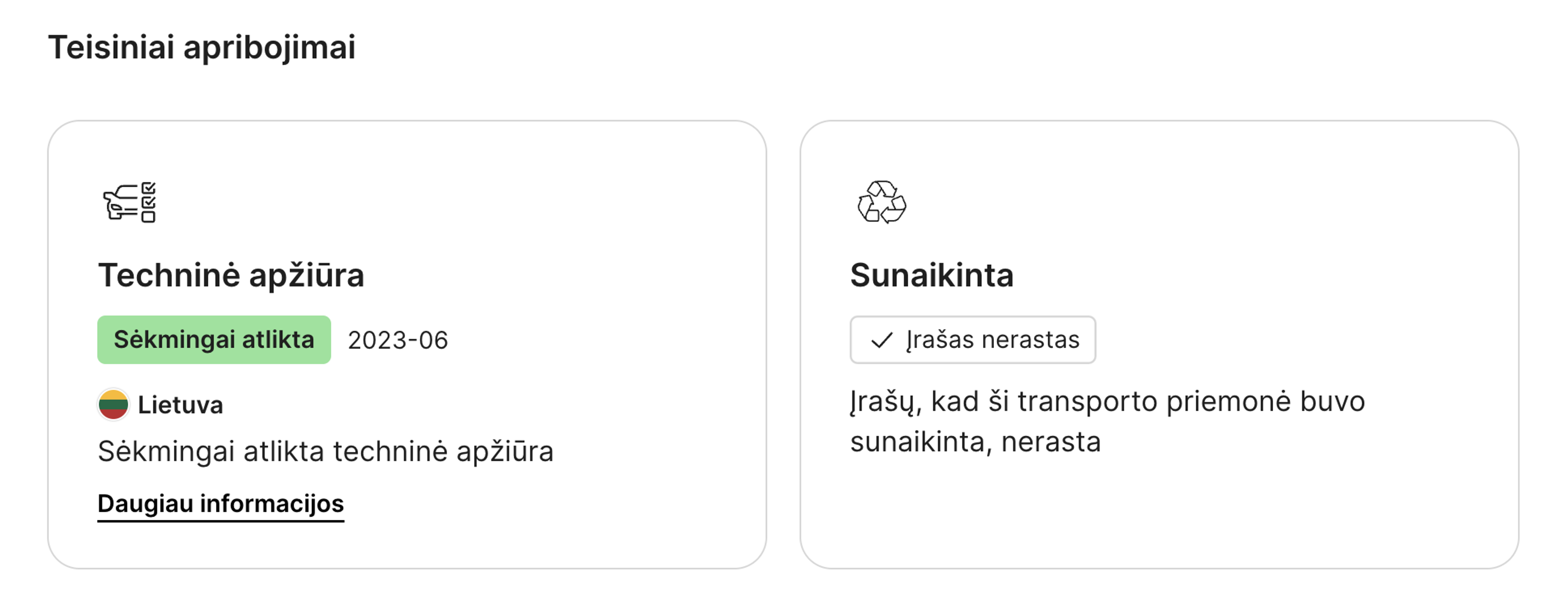 registracijos ir teisinio statuso skiltis carVertical ataskaitoje