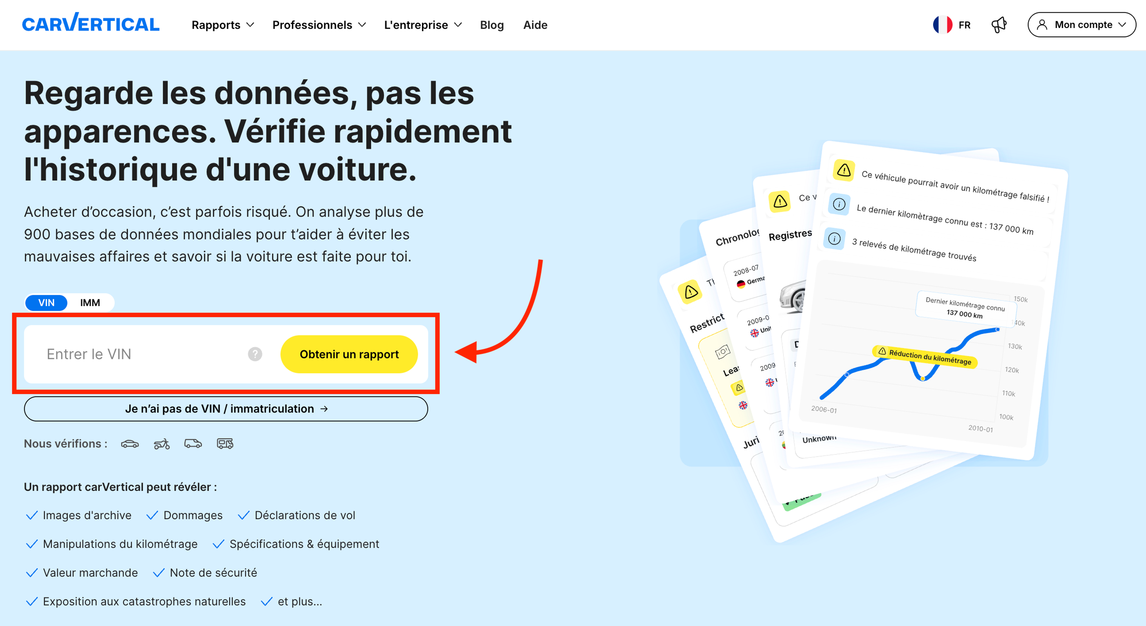 Champ de saisie du VIN sur le site carVertical