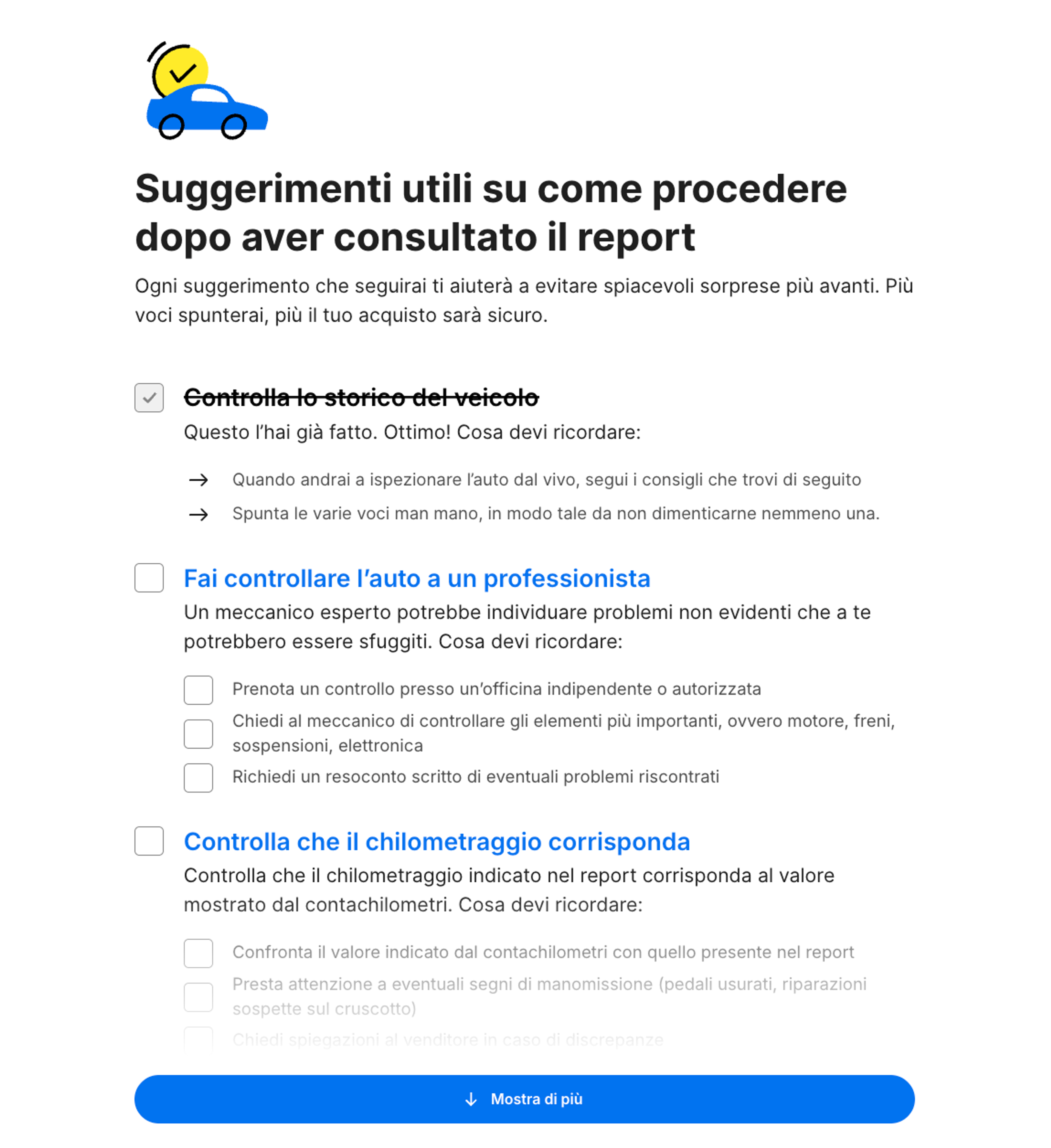 Checklist «Cos’altro manca?» nel report di carVertical