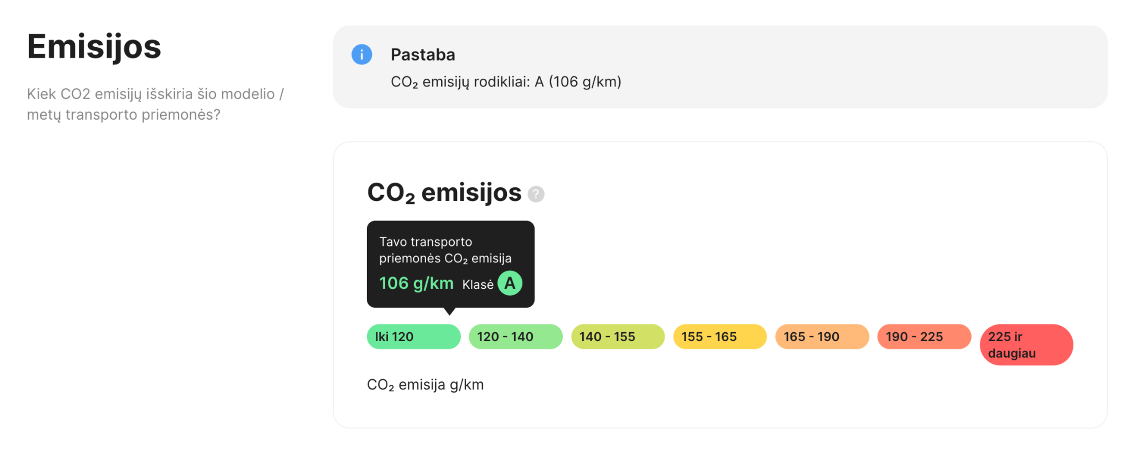 „CarVertical“ ataskaitoje esantis išmetamųjų teršalų / emisijų skyrius