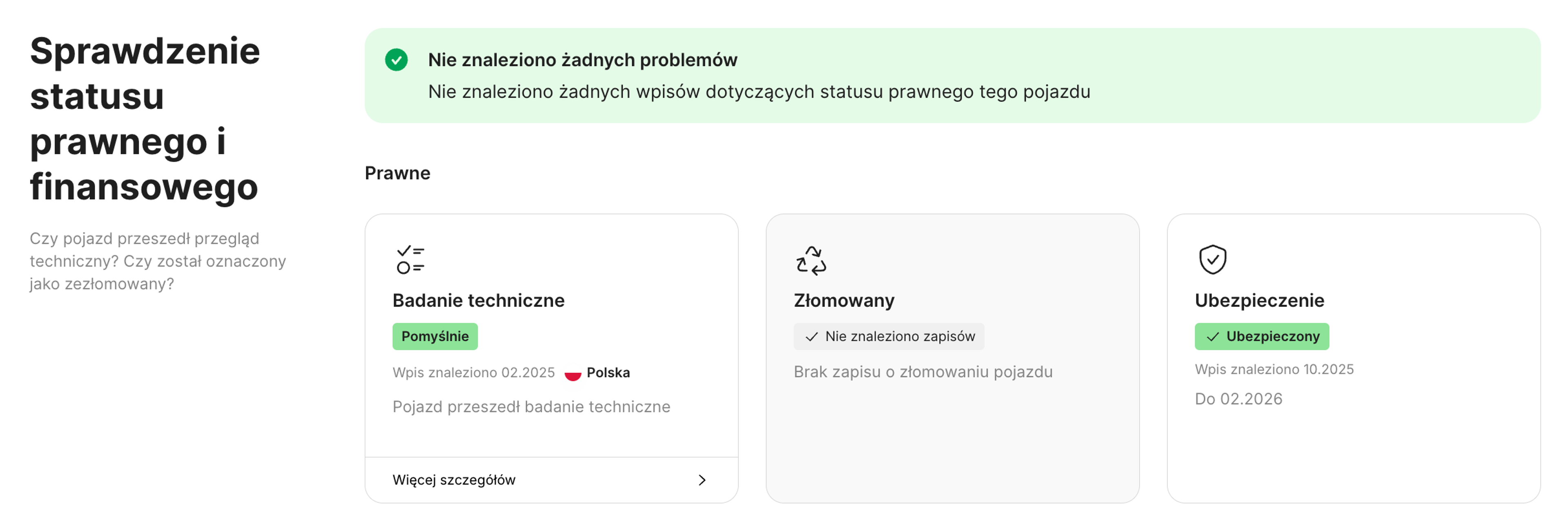 Sekcja Status finansowy i prawny w raporcie carVertical