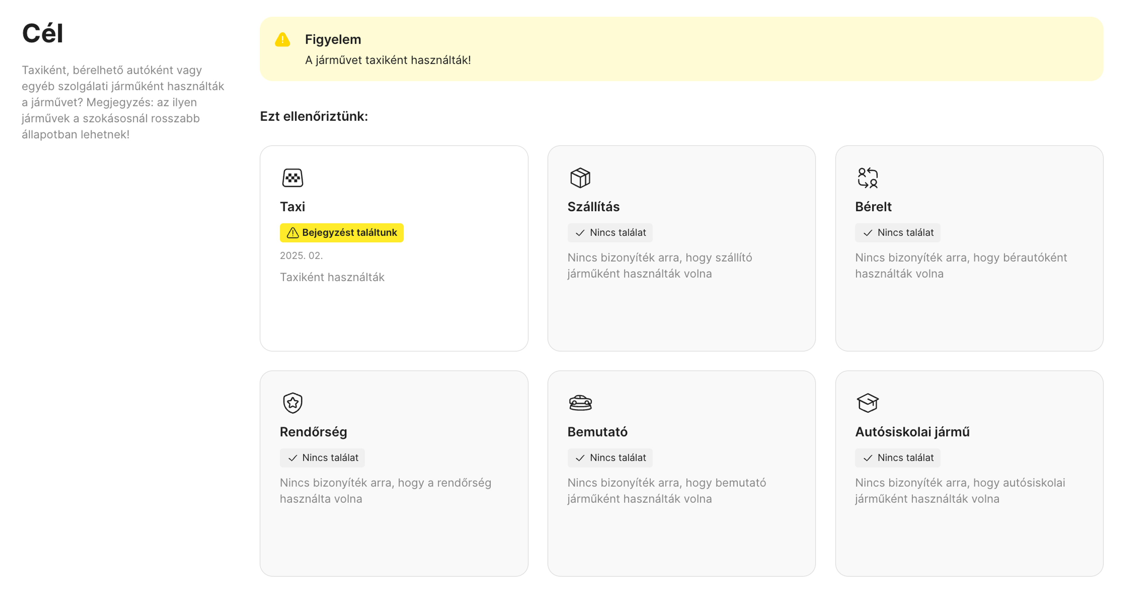 Egy carVertical jelentés Cél (használat) szakaszának bejegyzései