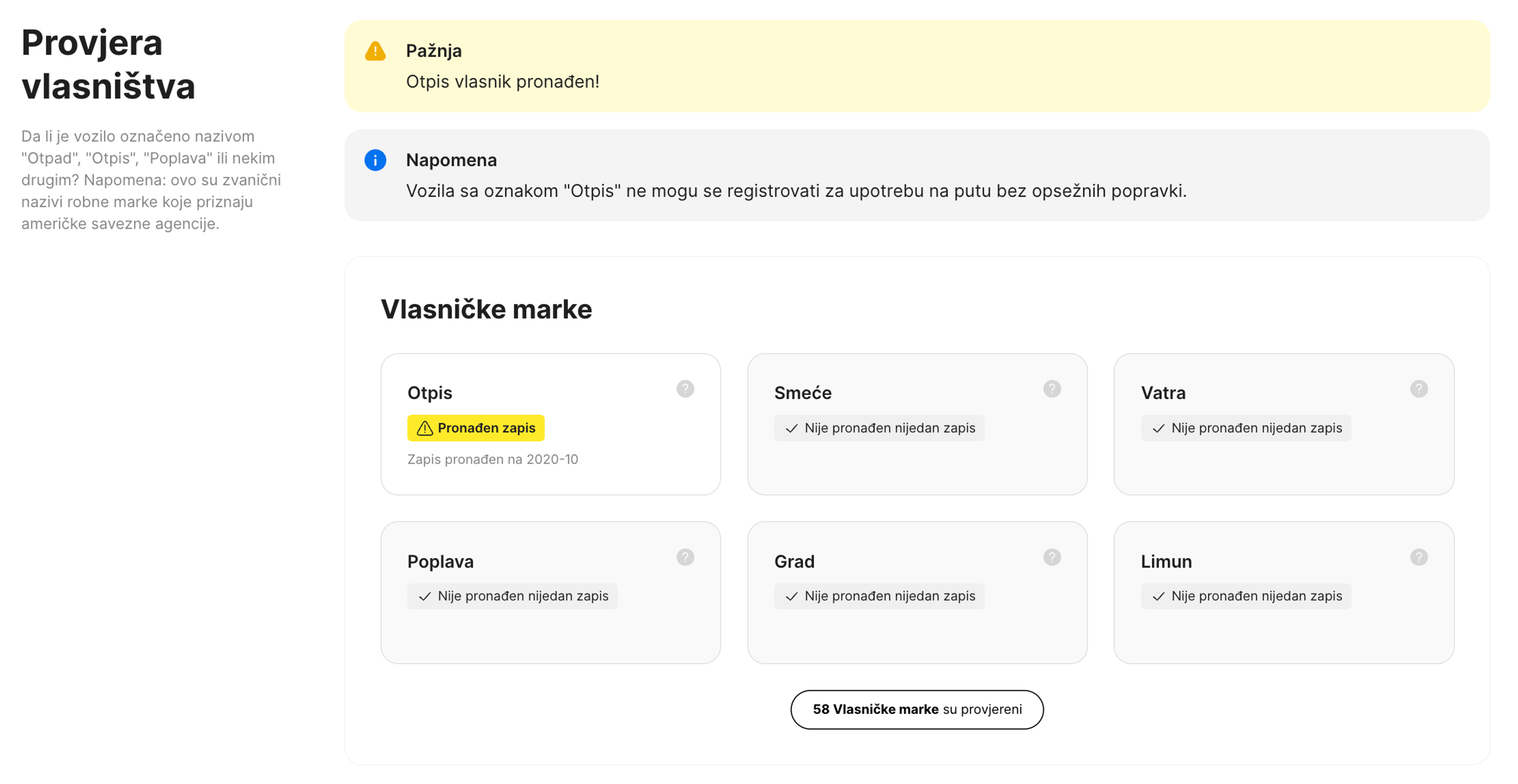 Provjera vlasništva sekcija u carVertical izvještaju