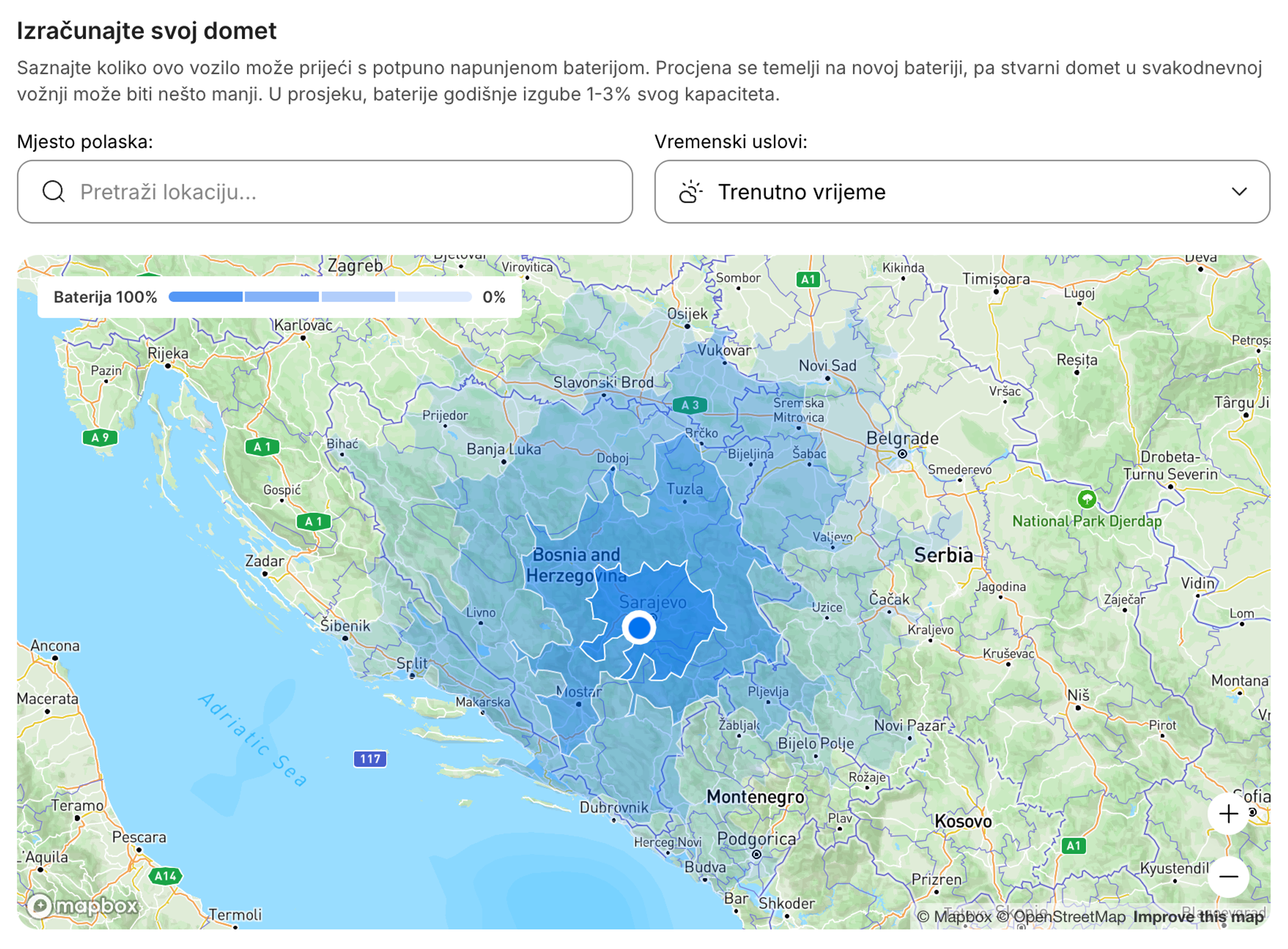 Interaktivna mapa dometa EV-a koja prikazuje procijenjenu udaljenost vožnje.