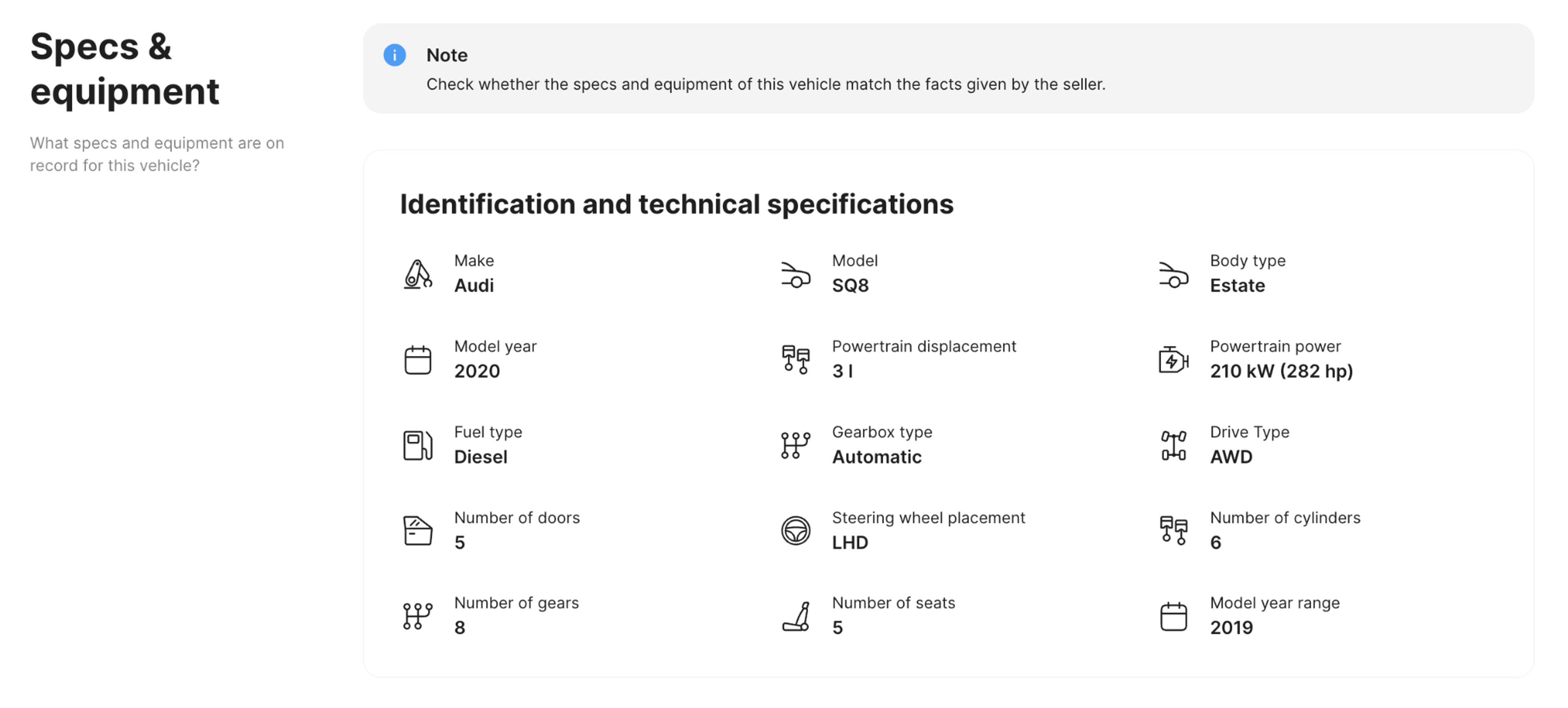 Specs and equipment section in carVertical report