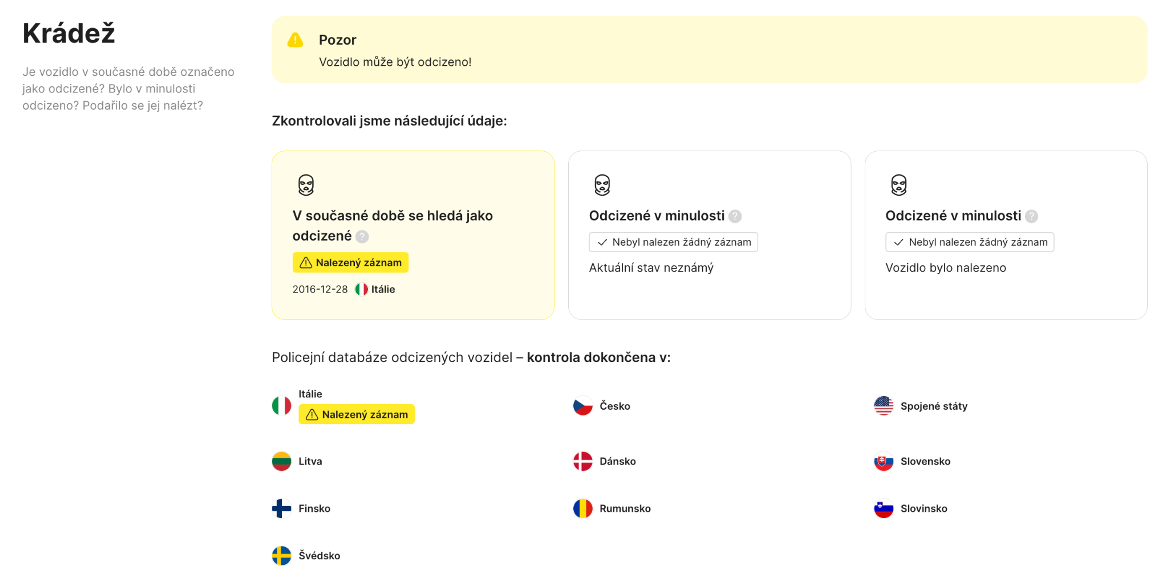 v současné době hledaná krádež auta