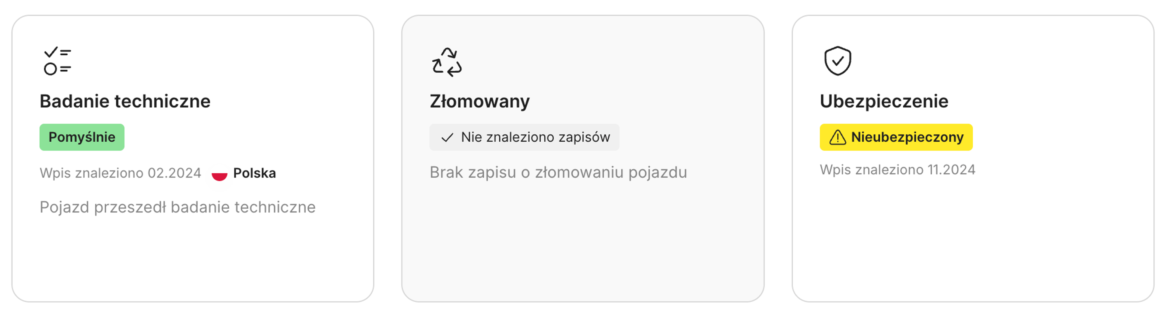 Ostrzeżenie o braku aktualnej polisy ubezpieczeniowej w raporcie carVertical