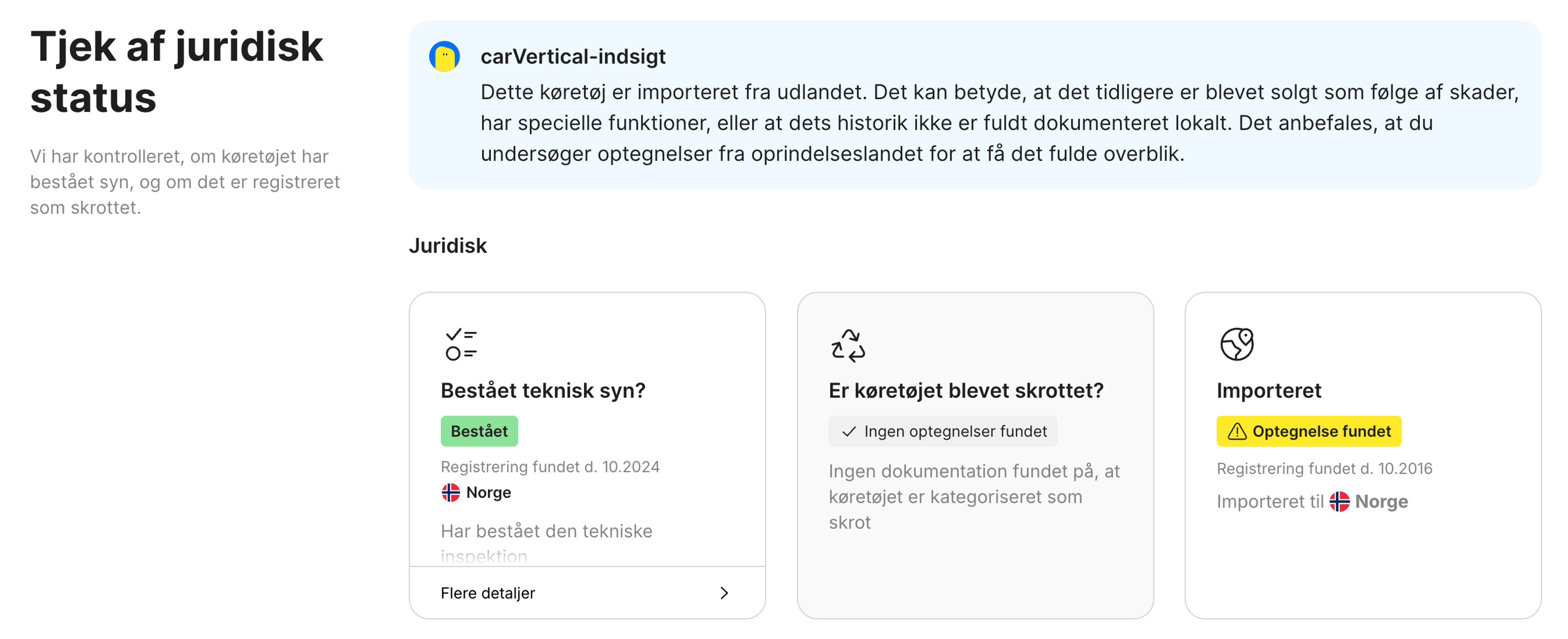 Funktion for juridisk status i carVertical-rapporten
