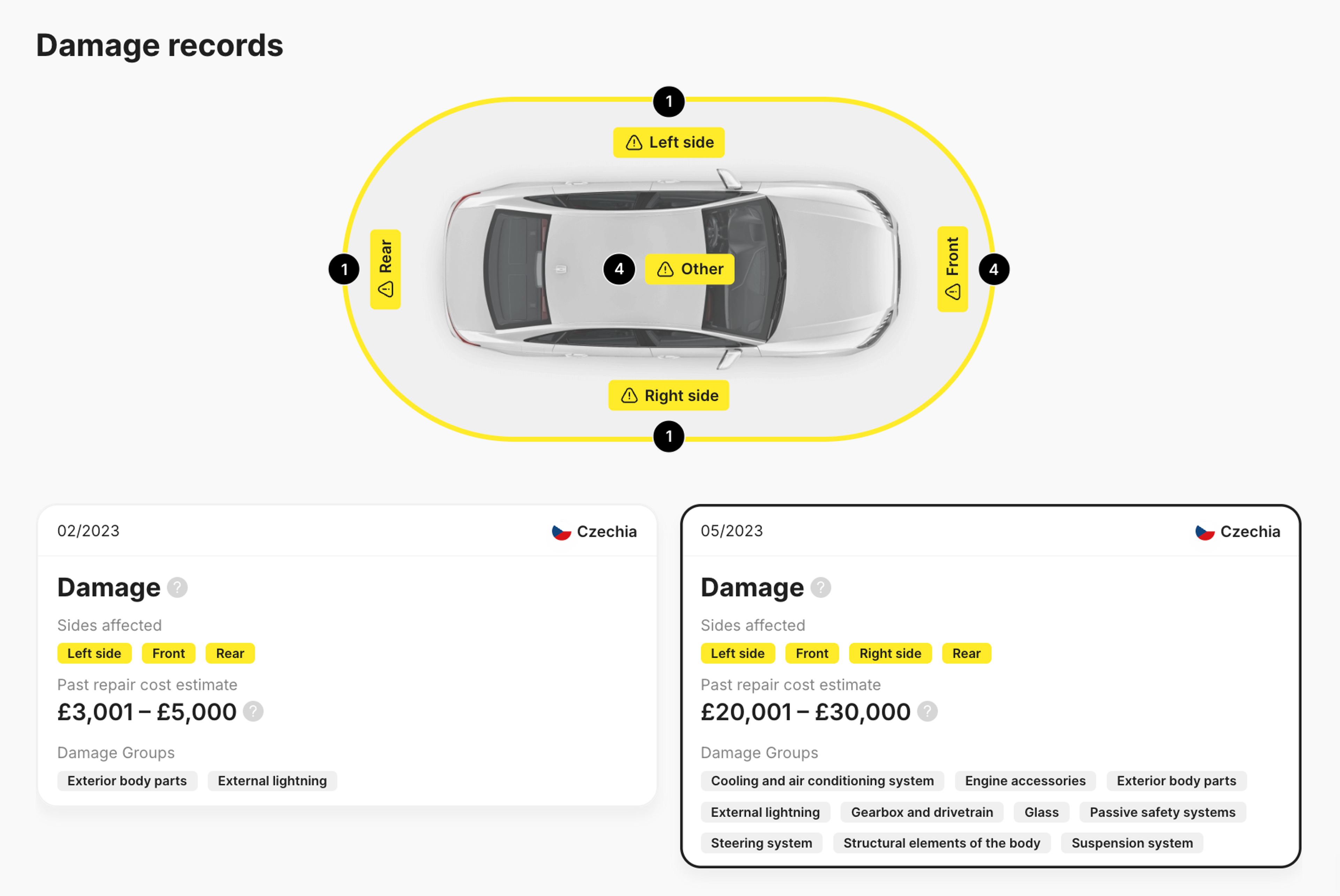 Damage records indicating two incidents with repair costs between £3,001 and £30,000