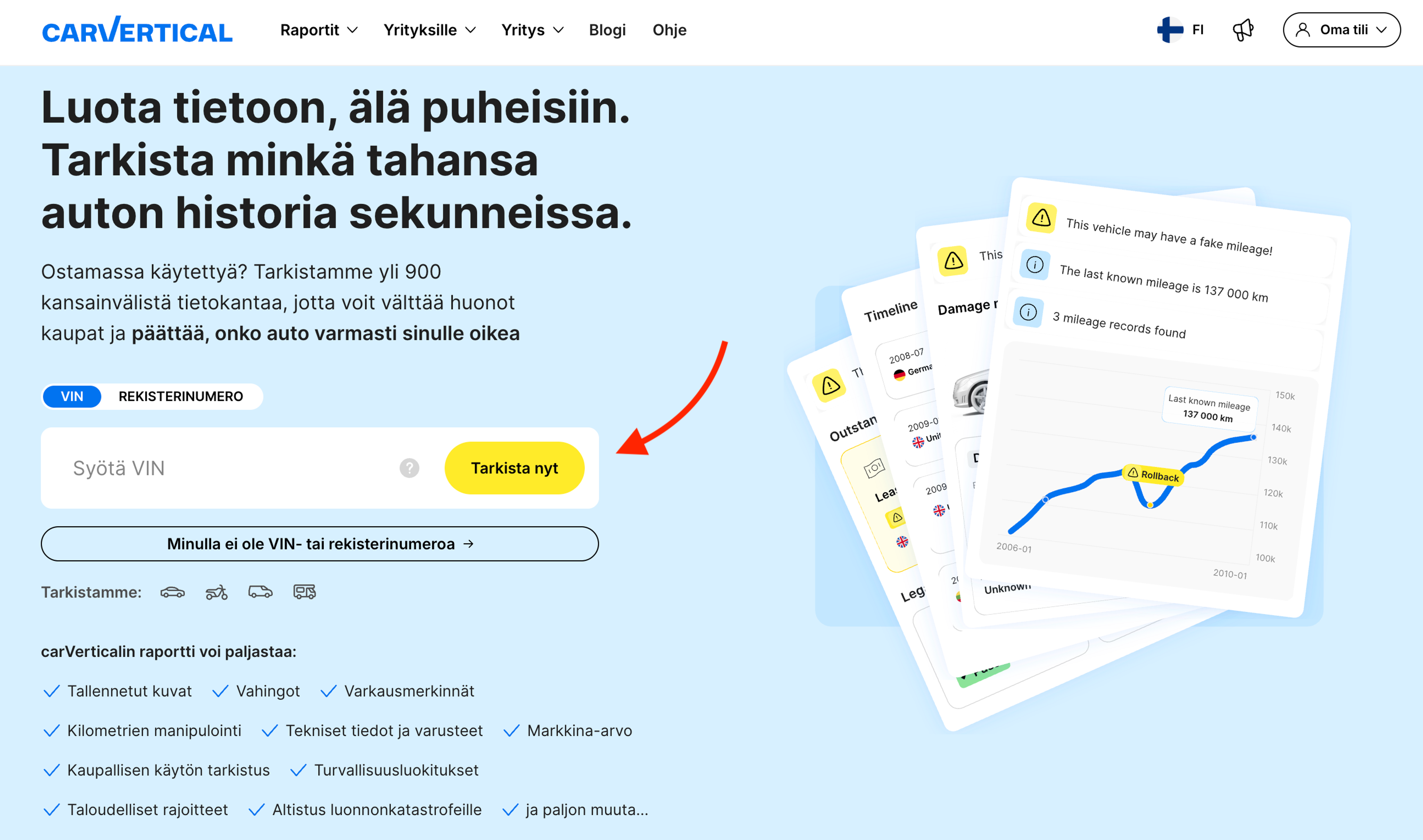 VIN-kenttä carVerticalin etusivulla