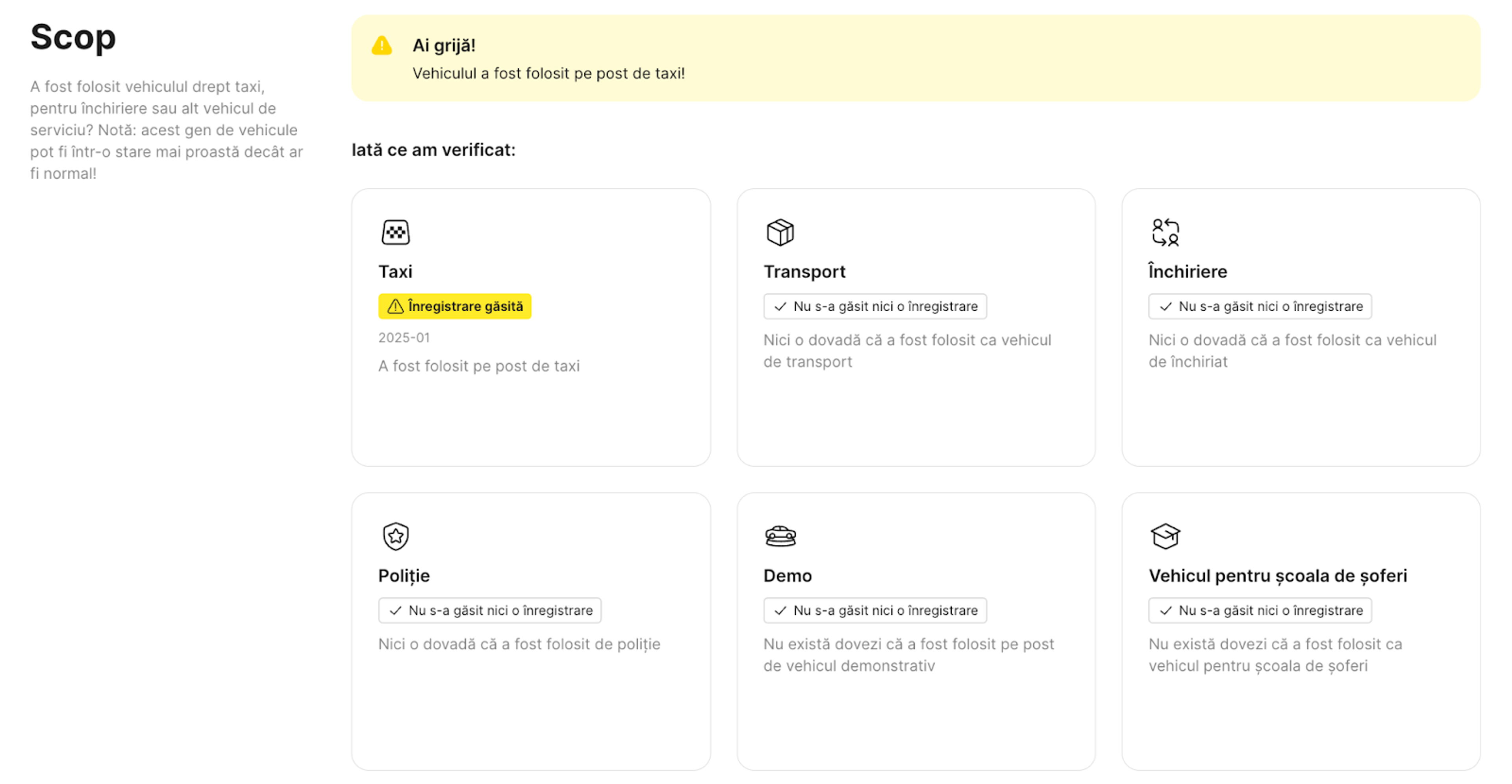 Înregistrare din raport care indică faptul că vehiculul a fost folosit ca taxi