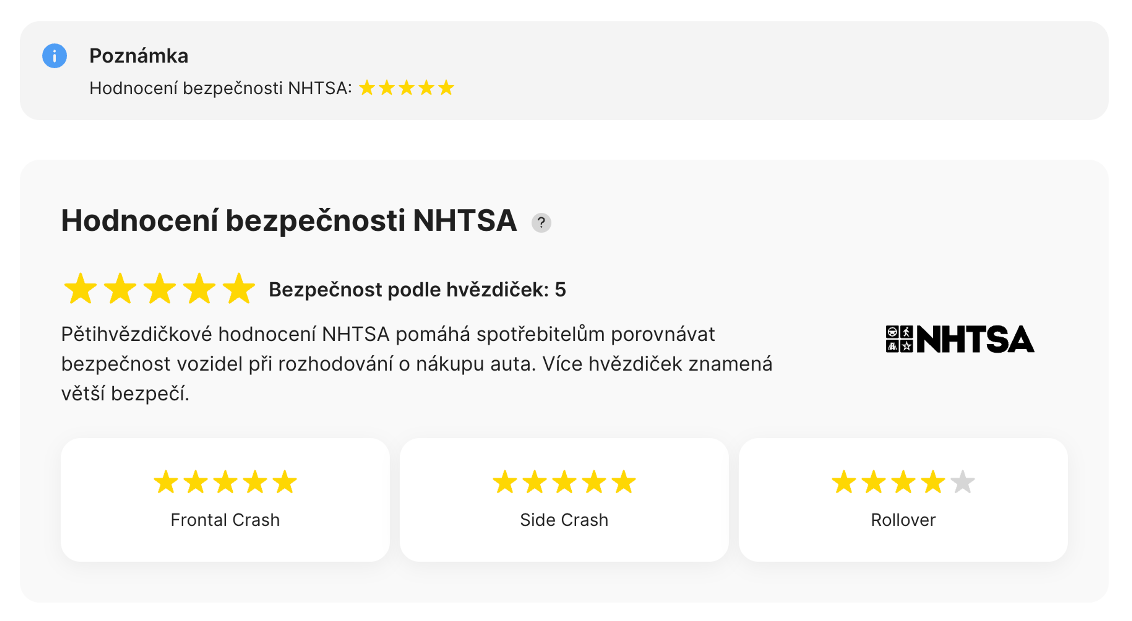 Sekce NHTSA ve zprávě carVertical