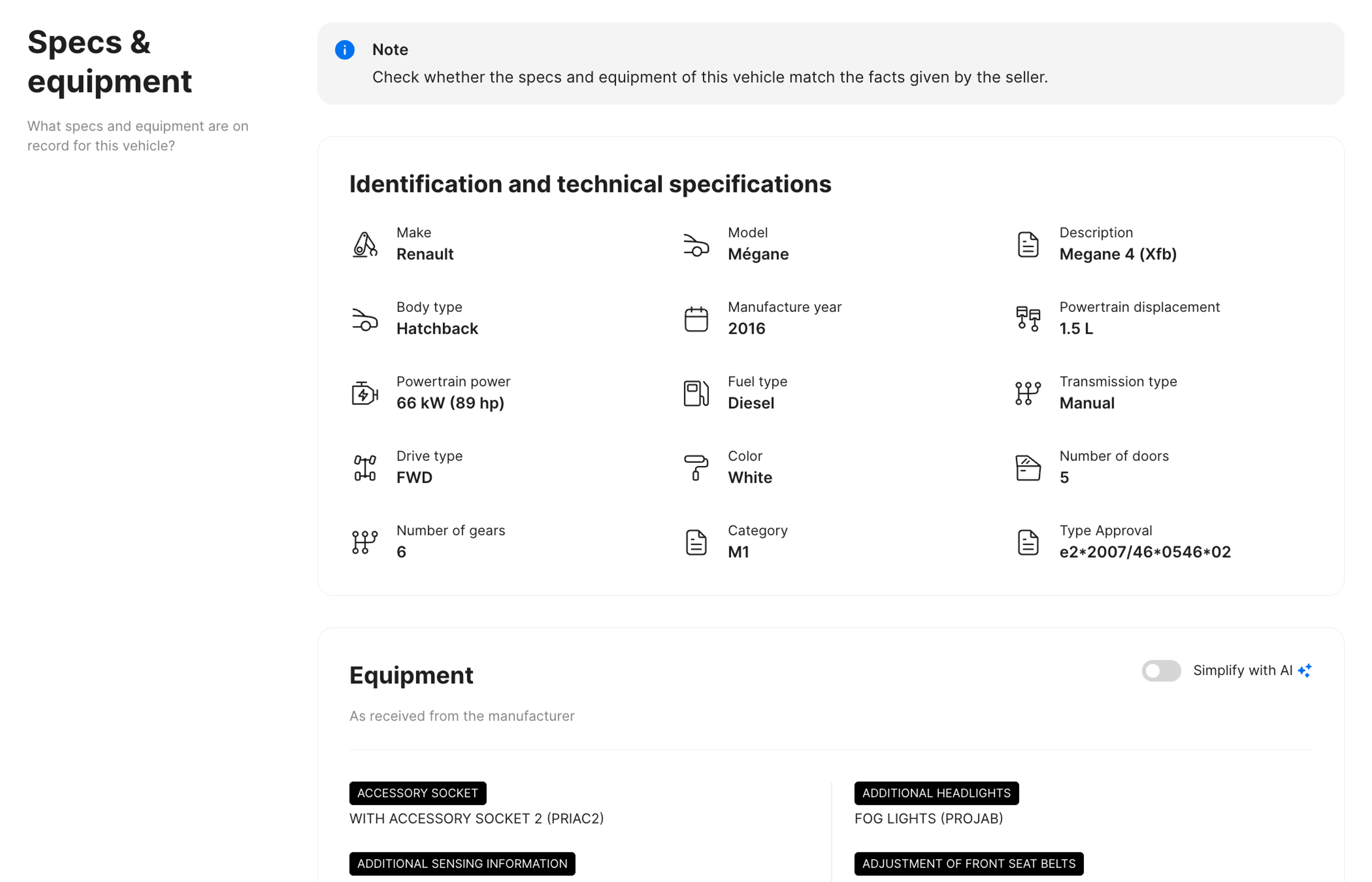 Original car specifications