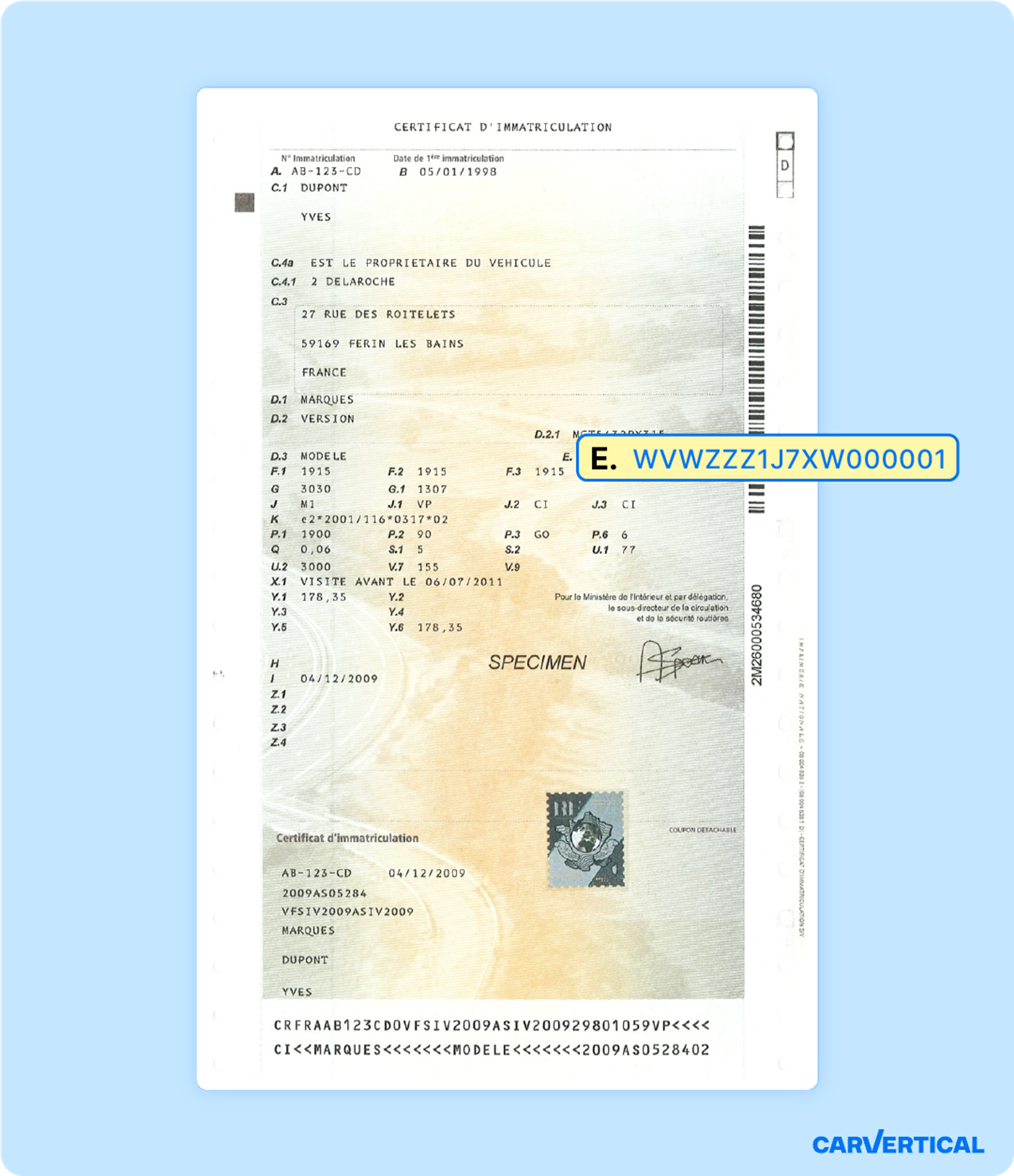 Emplacement du numéro VIN sur un certificat d’immatriculation français