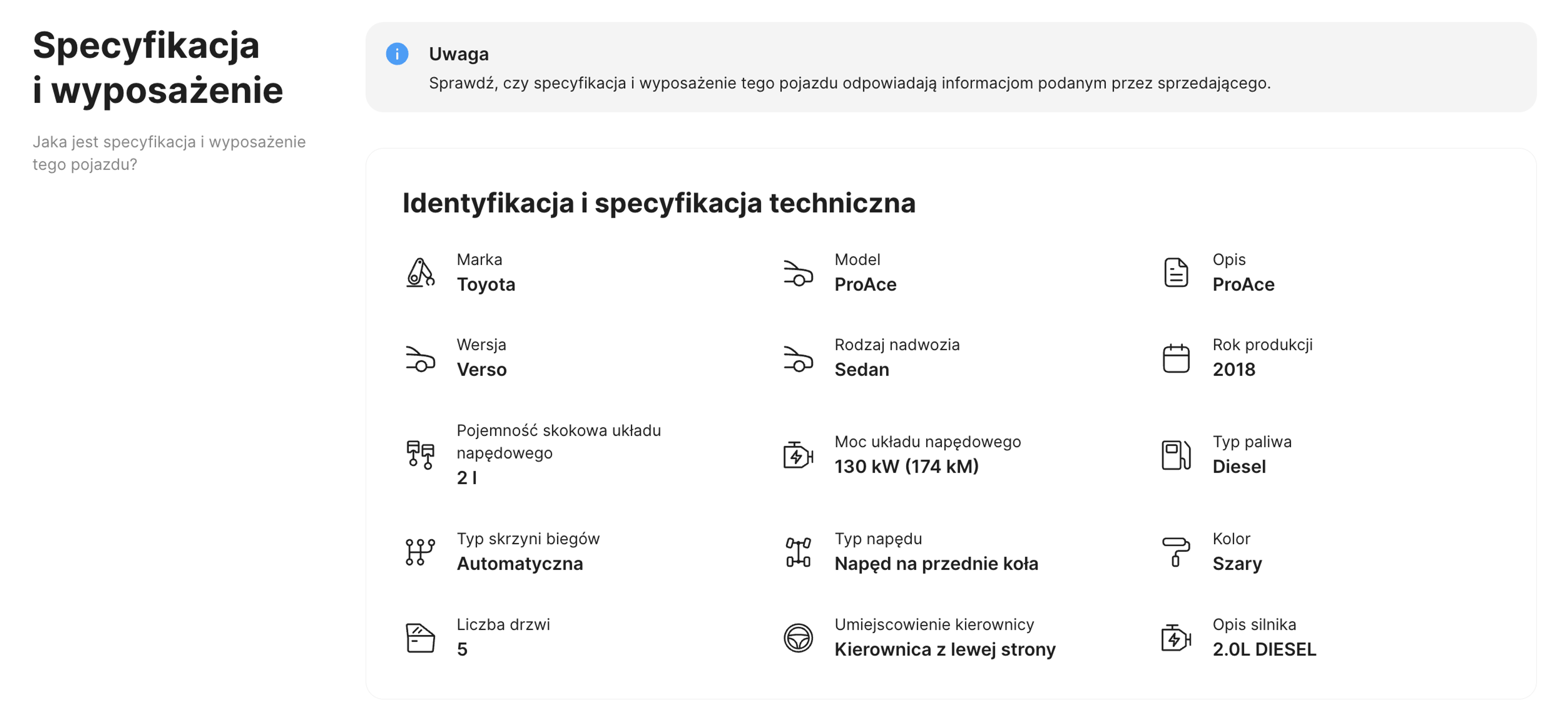Specyfikacja pojazdu w raporcie historii carVertical