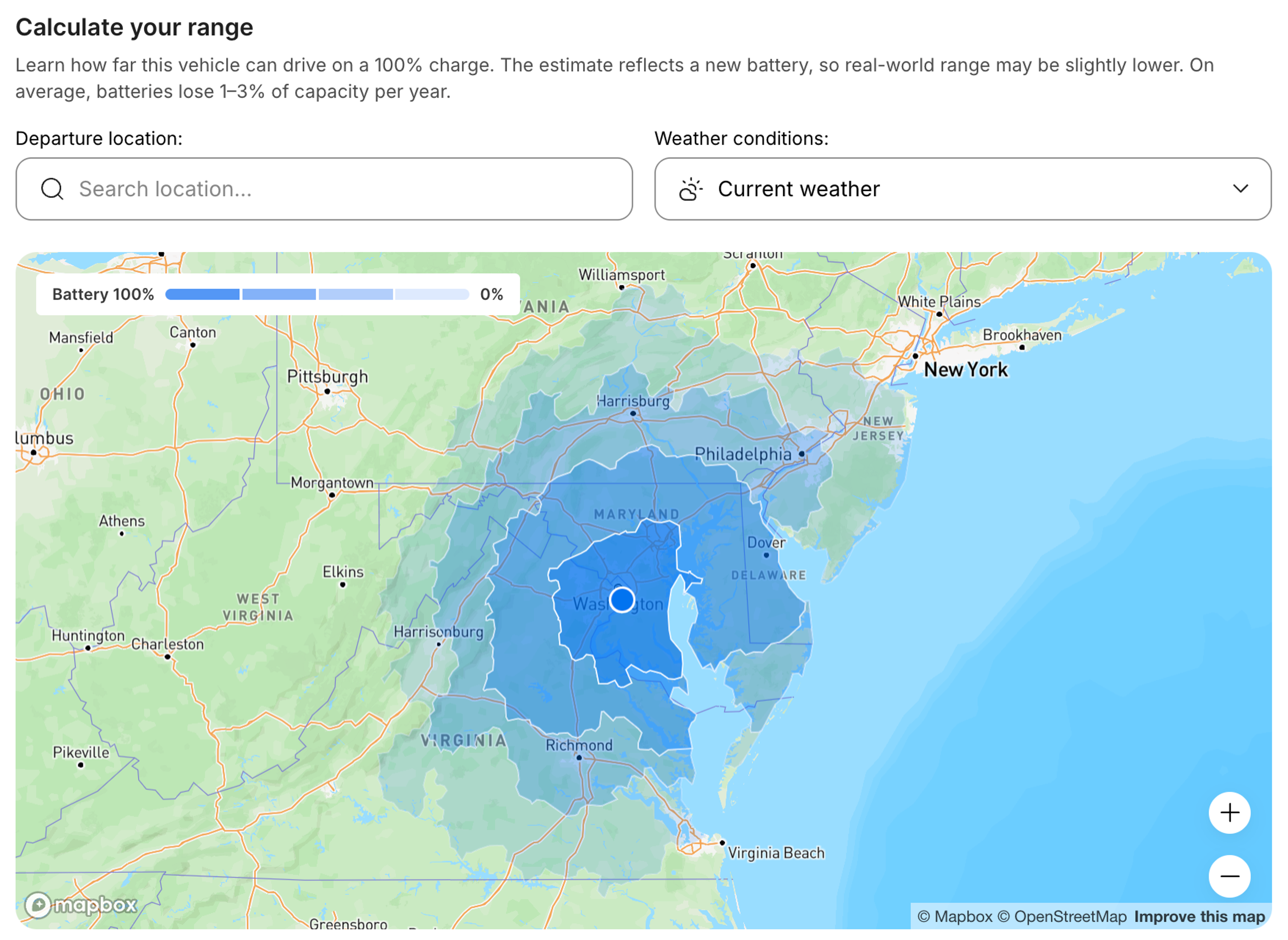 Interactive EV range map showing estimated driving distance