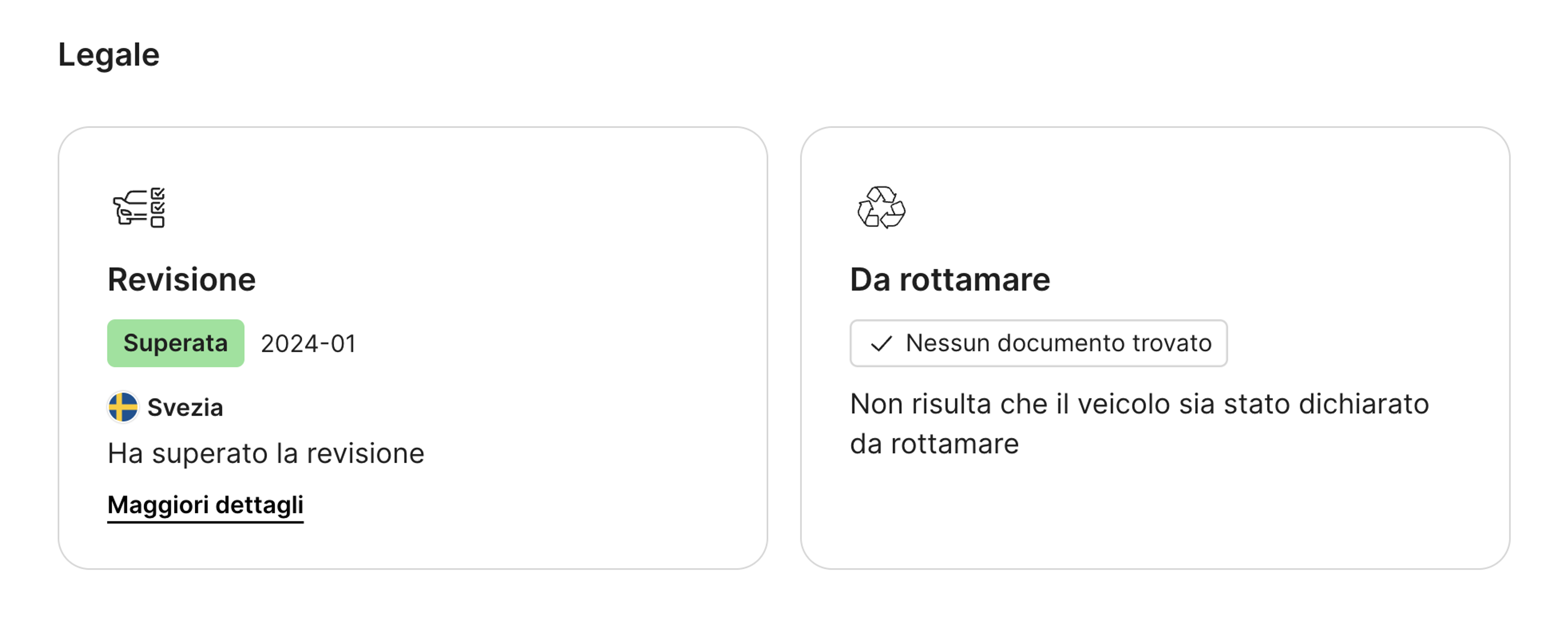 sezione registrazione e stato legale nel report carVertical