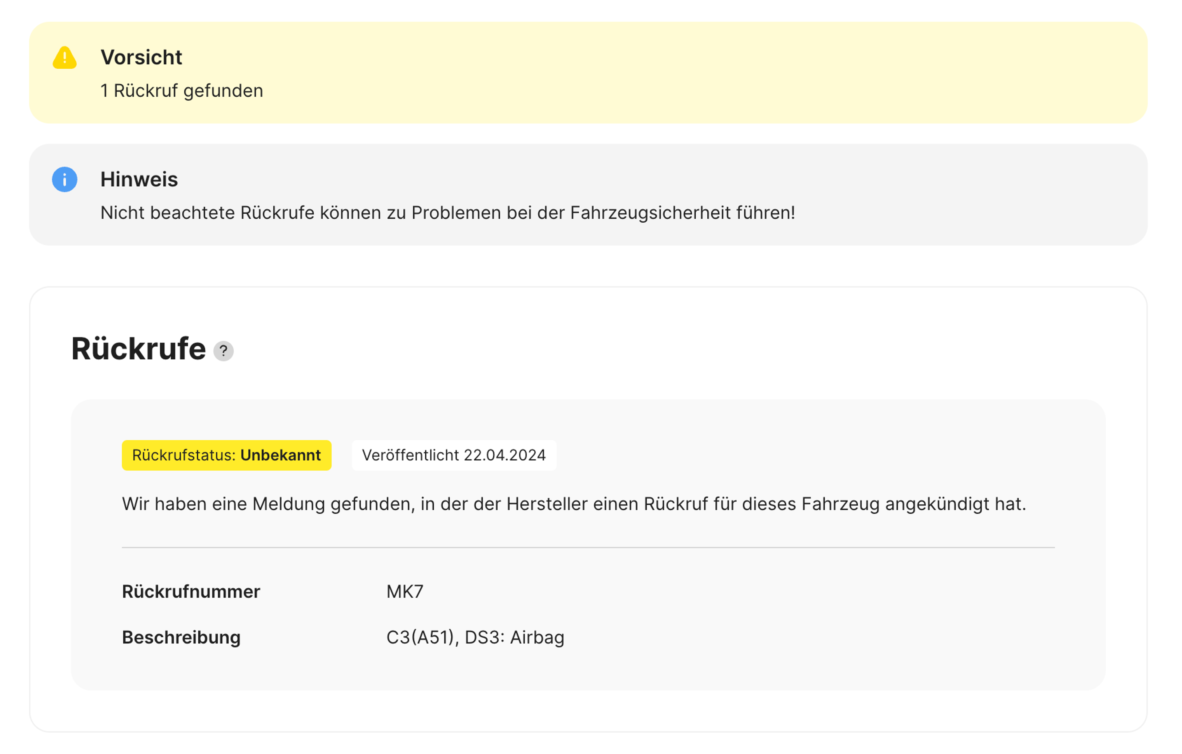 Rückruf im carVertical-Bericht