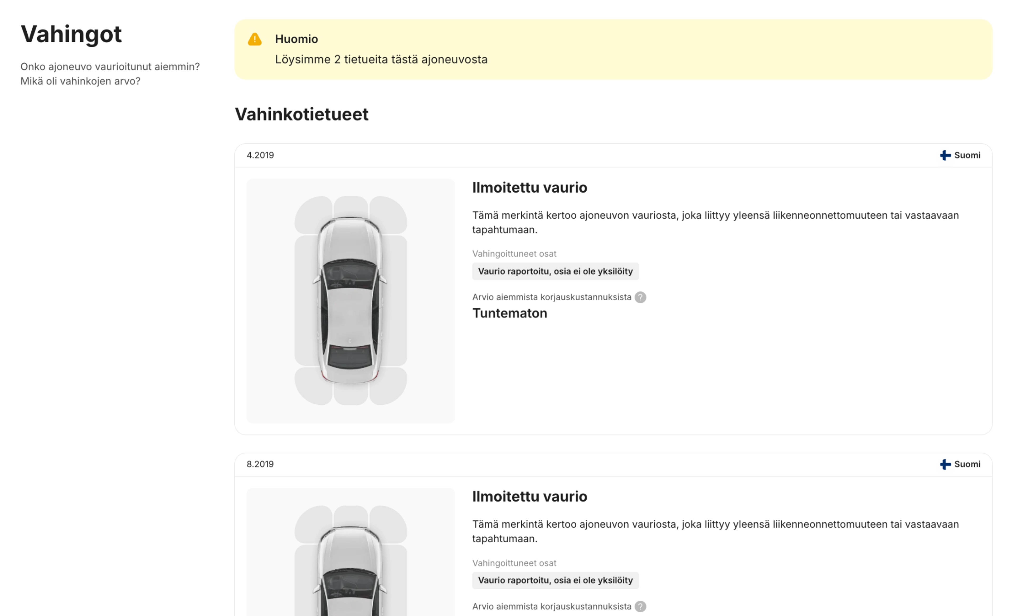 Ajoneuvon historiaraportin vahinkotiedot