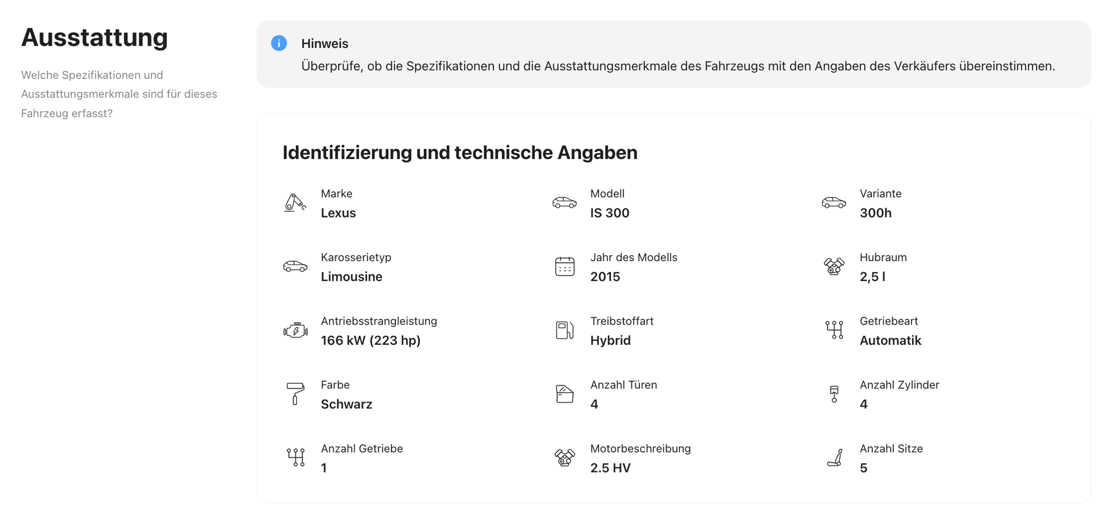 Lexus IS-Spezifikationen in einem Fahrzeugverlaufsbericht gefunden