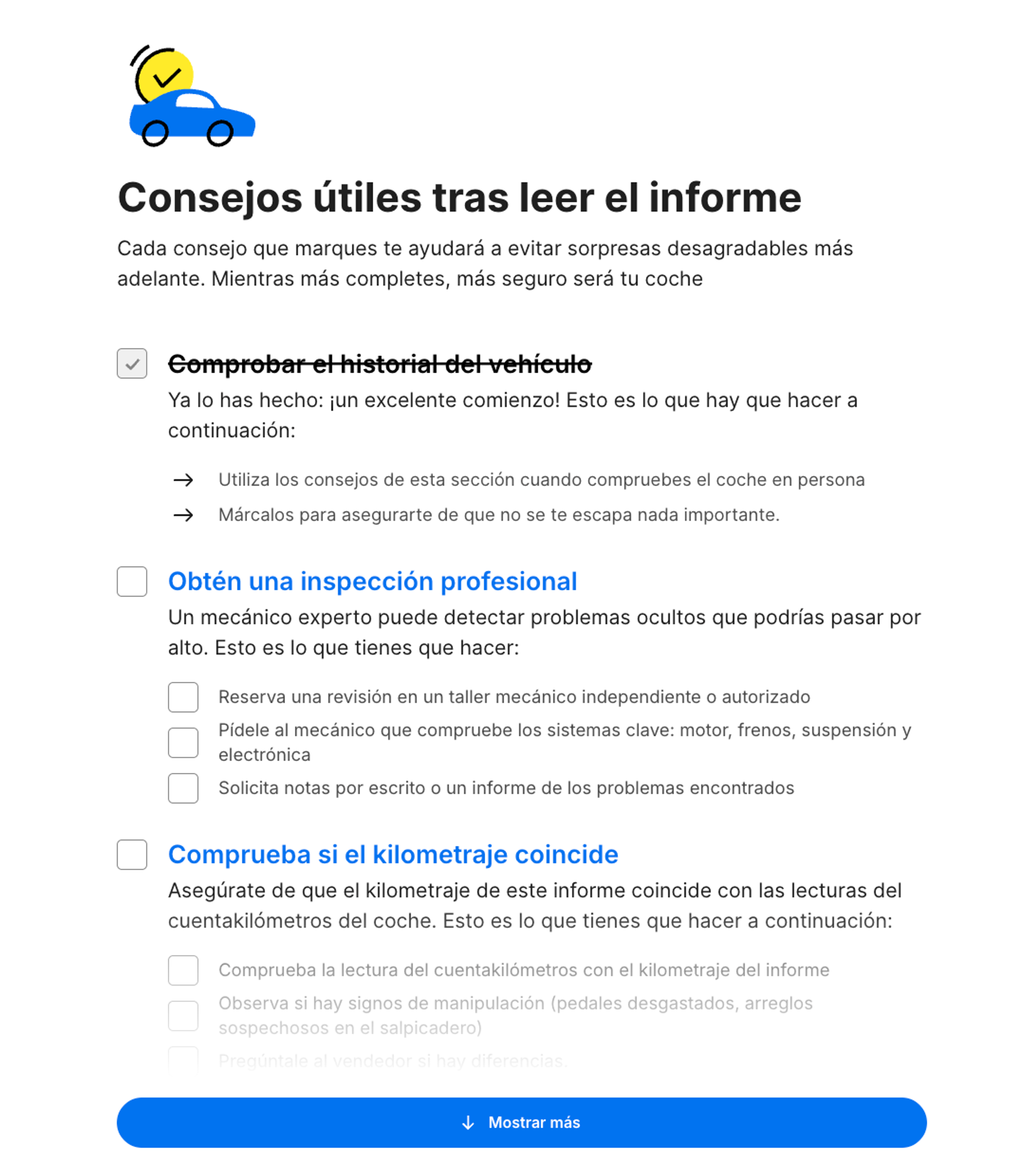 Lista de comprobación "¿Y ahora qué?" en el informe de carVertical