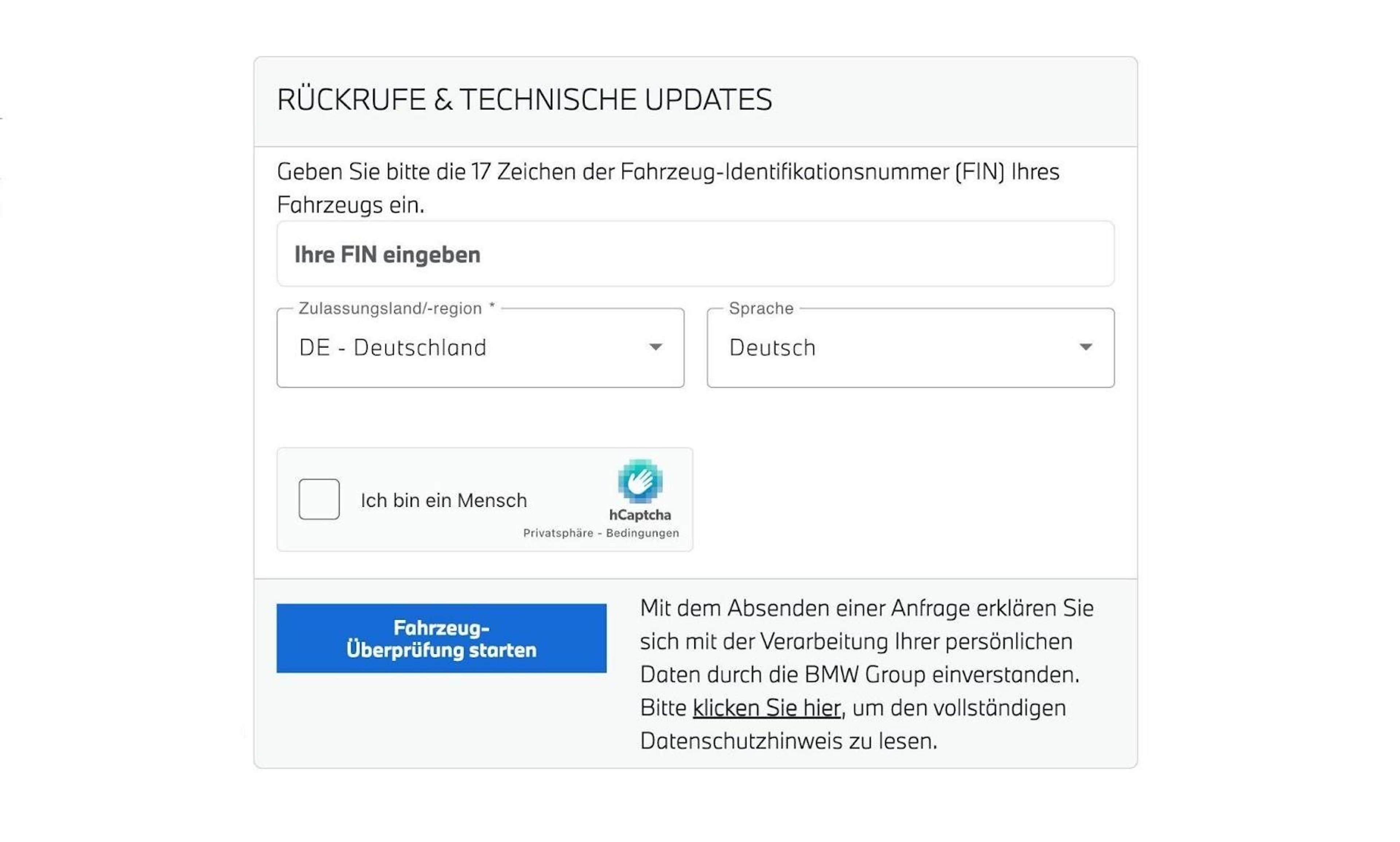 Eingabemaske zur Rückrufprüfung auf der offiziellen BMW-Website