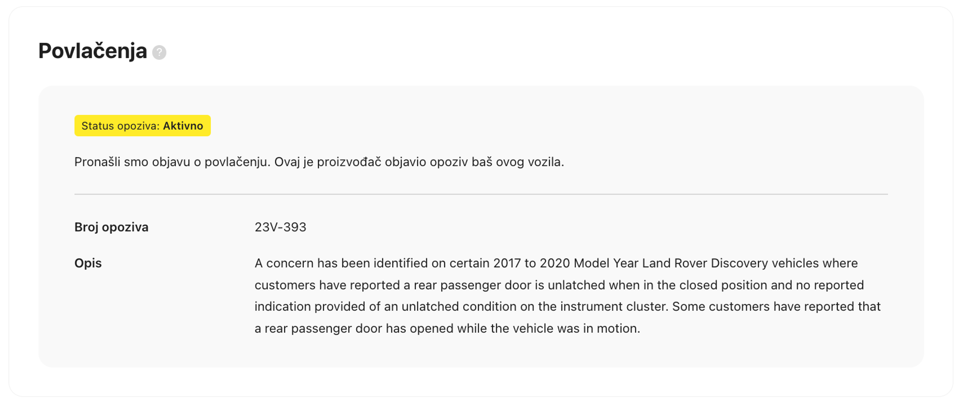 Aktivni opoziv automobila u odjeljku Sigurnost