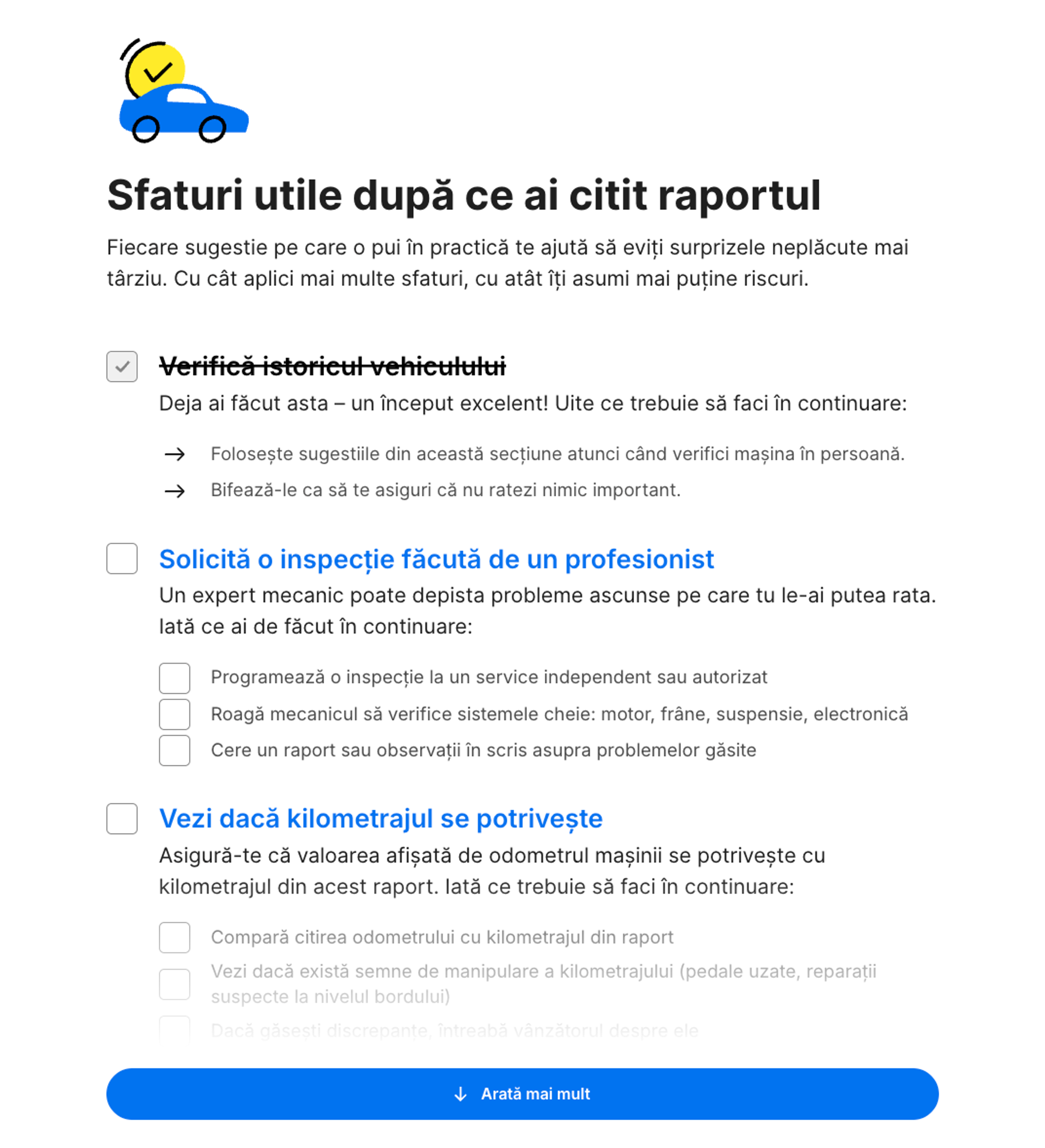 Lista de verificare “Ce urmează?” din raportul carVertical