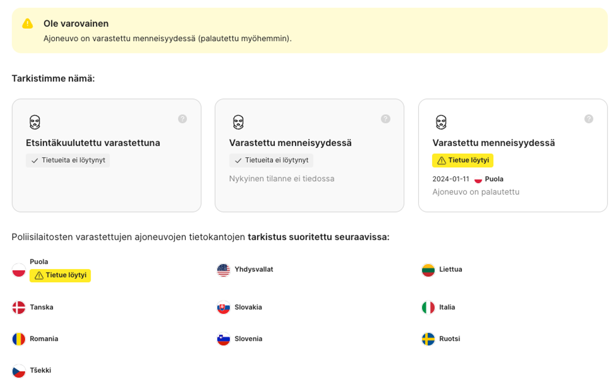 Varkaustietueen tiedot
