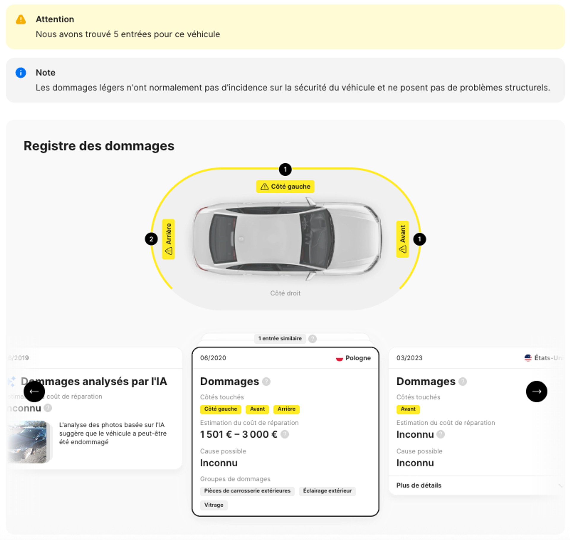 Section Dommages d’un rapport d’historique de carVertical