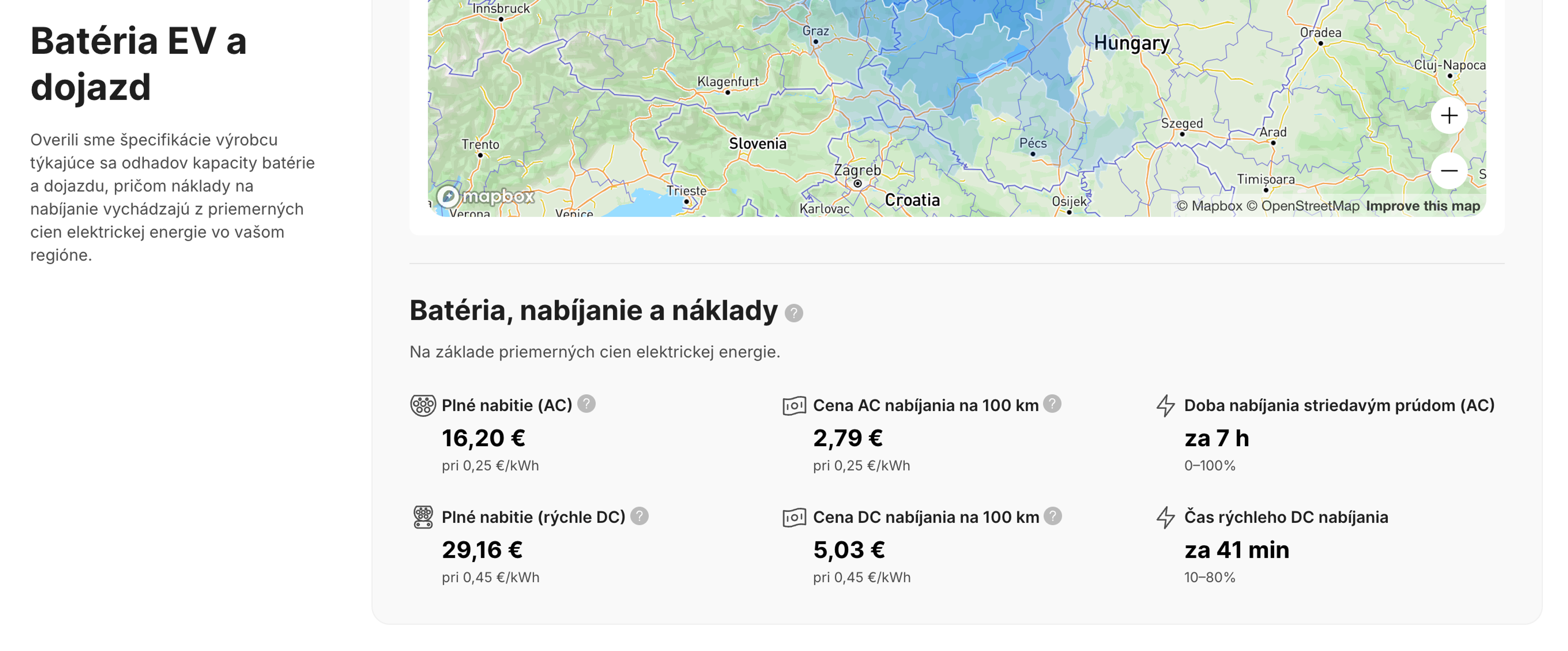 Odhady času a nákladov na nabíjanie elektromobilu v prehľade vozidla.