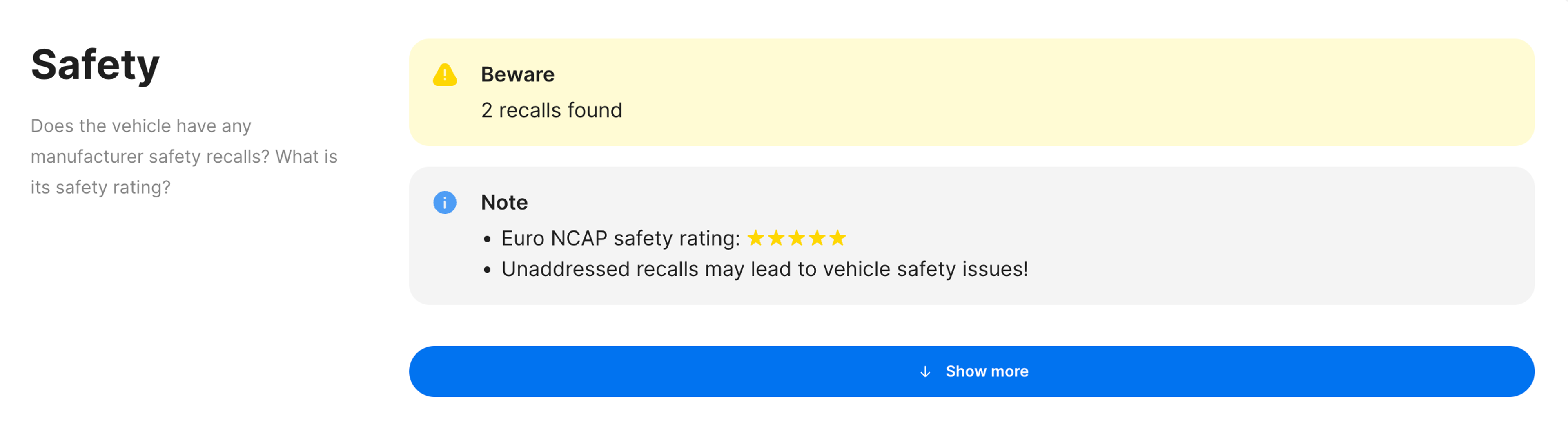 Safety recall warning in the carVertical vehicle history report