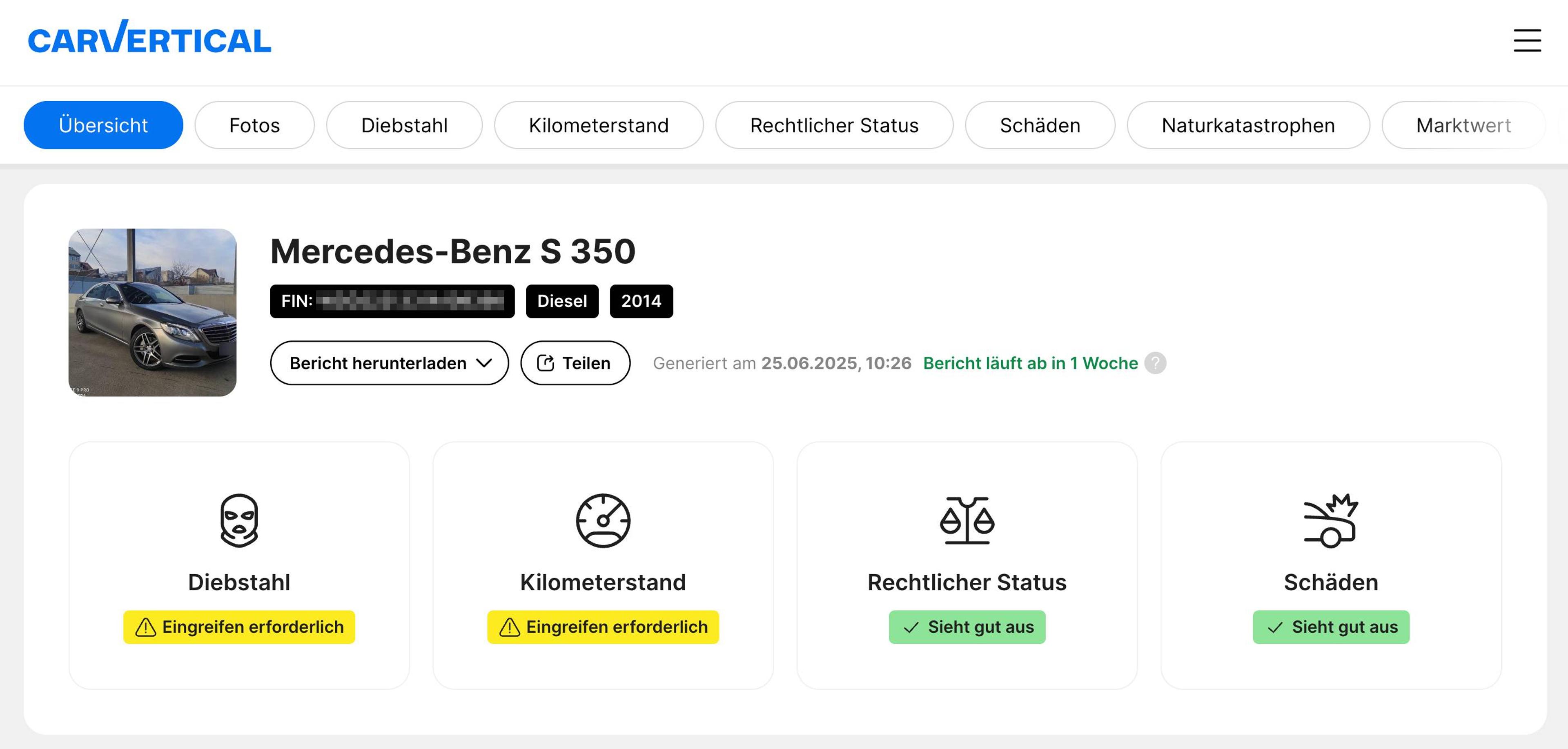 Diebstahlsaufzeichnung während der Überprüfung der Fahrzeughistorie erkannt