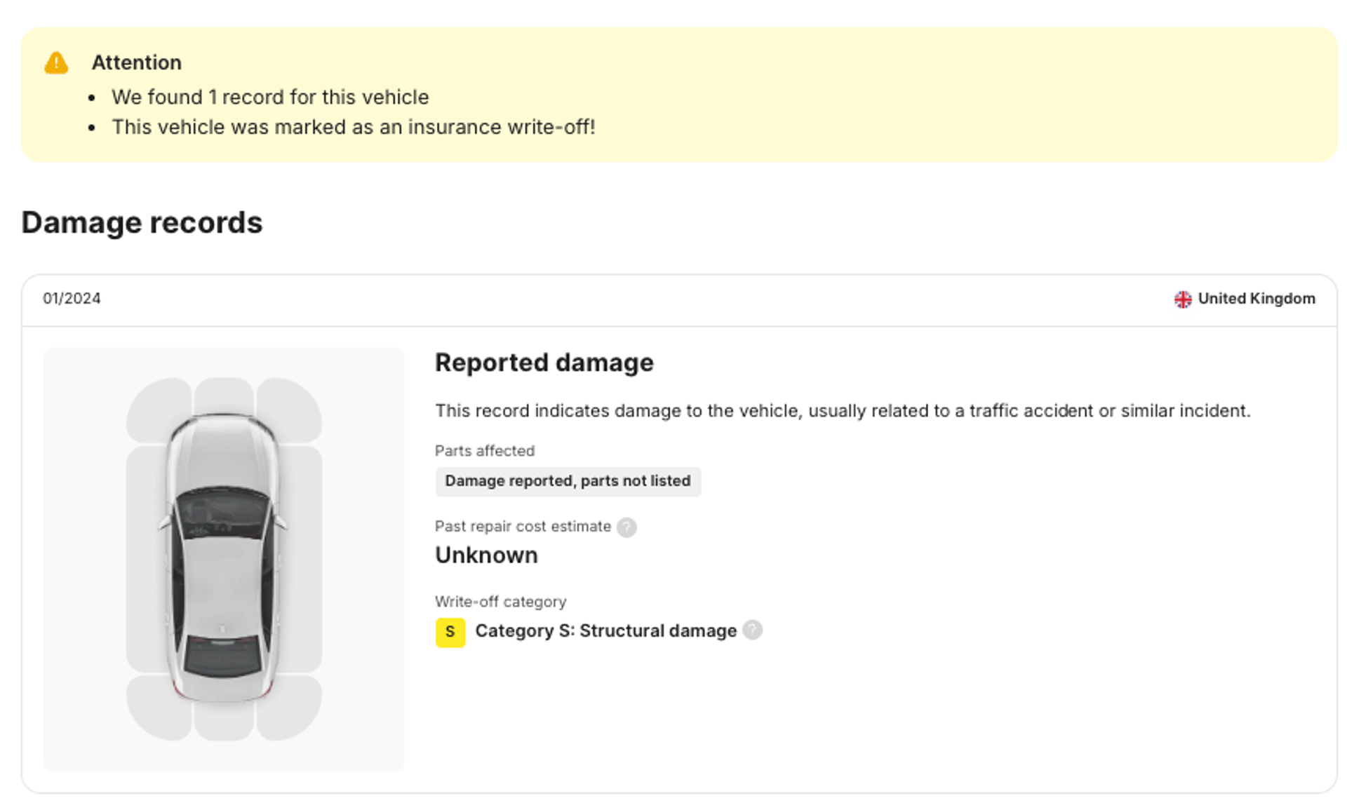 Damage section showing a Write-off category in a history report; Caption: A structural damage record in a carVertical history report