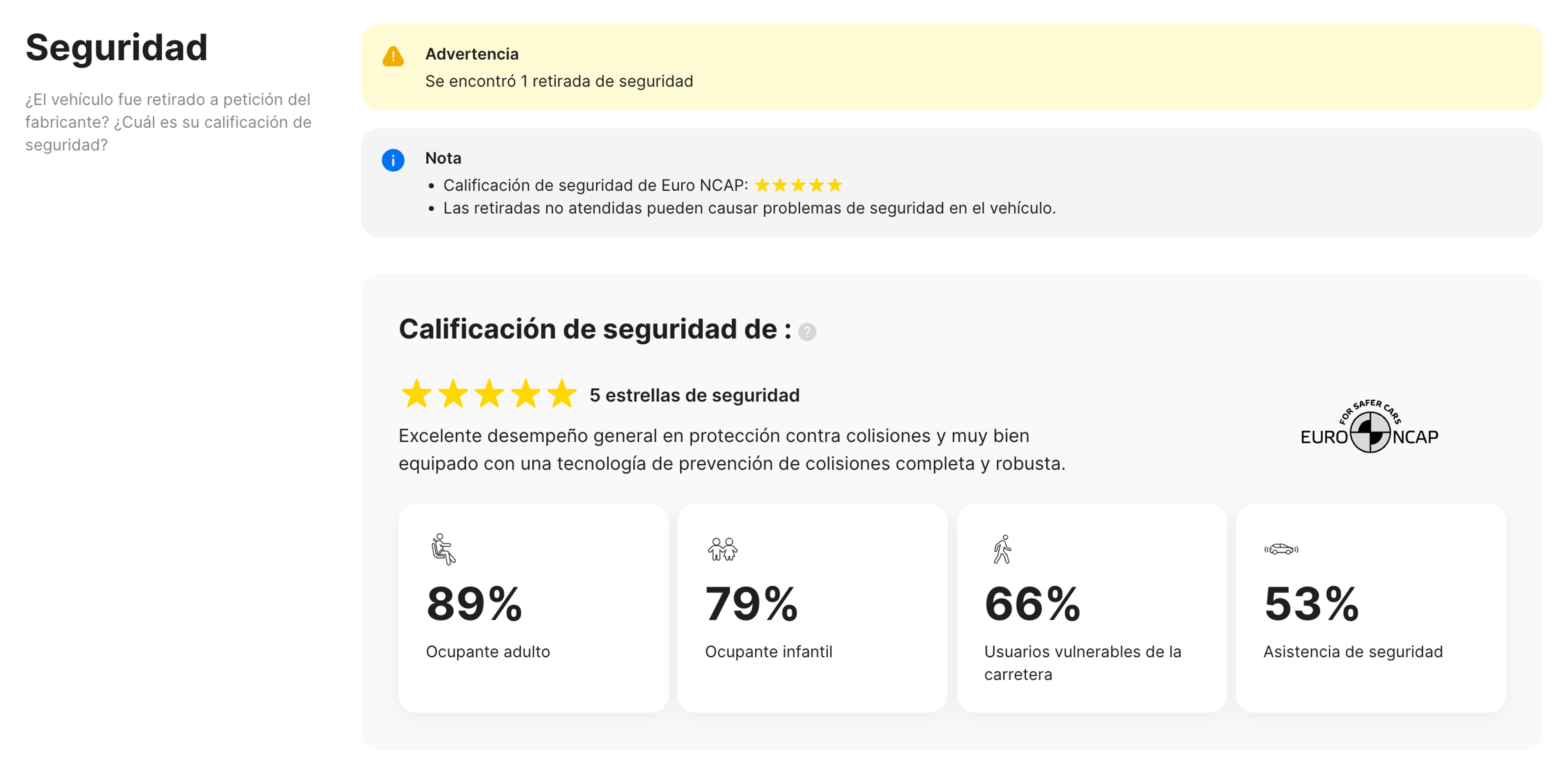 Calificaciones de seguridad en el informe carVertical